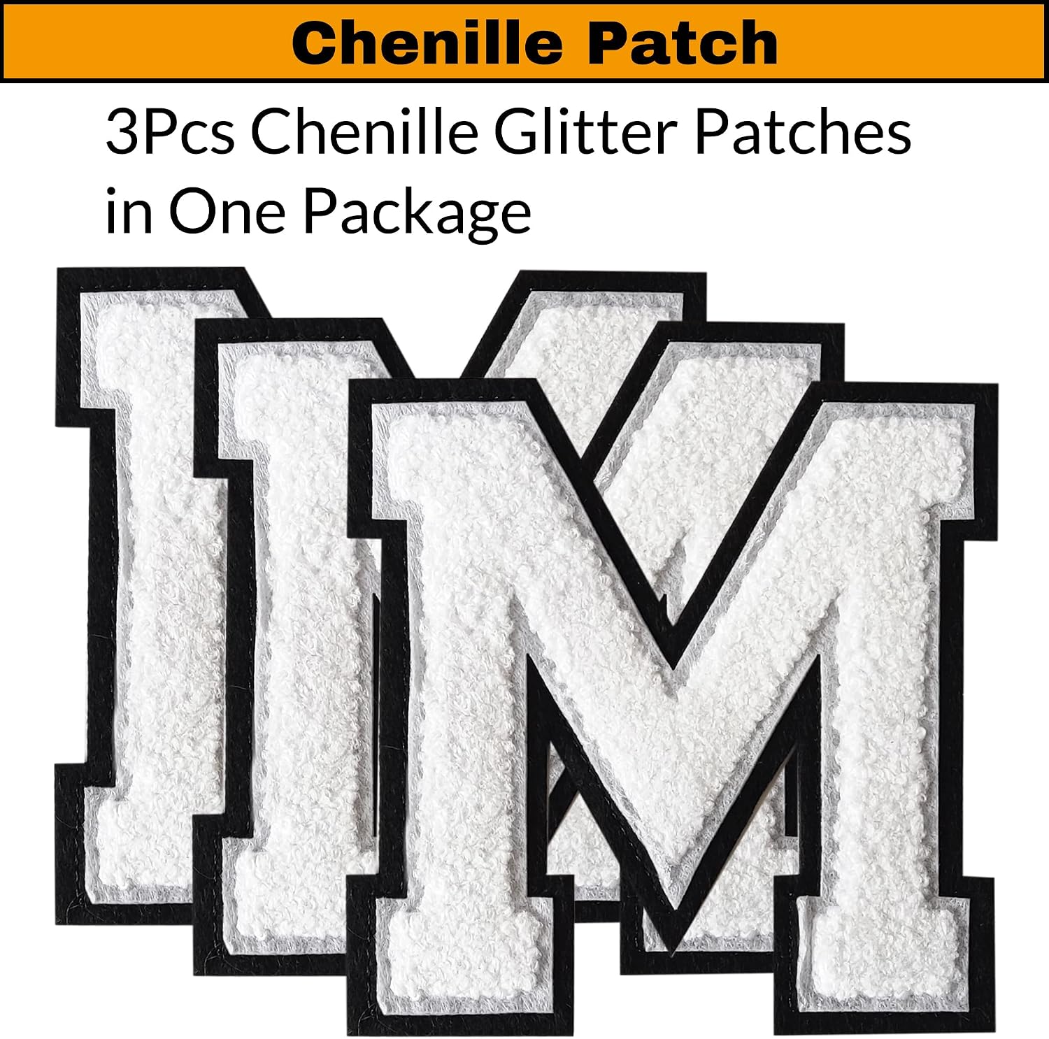 3Pcs Chenille Letter Patches Iron on Patches Varsity Letter Patches Chenille Embroidered Patch Sew On Patches for Clothing Hat Bags Jackets Shirt (White, C)