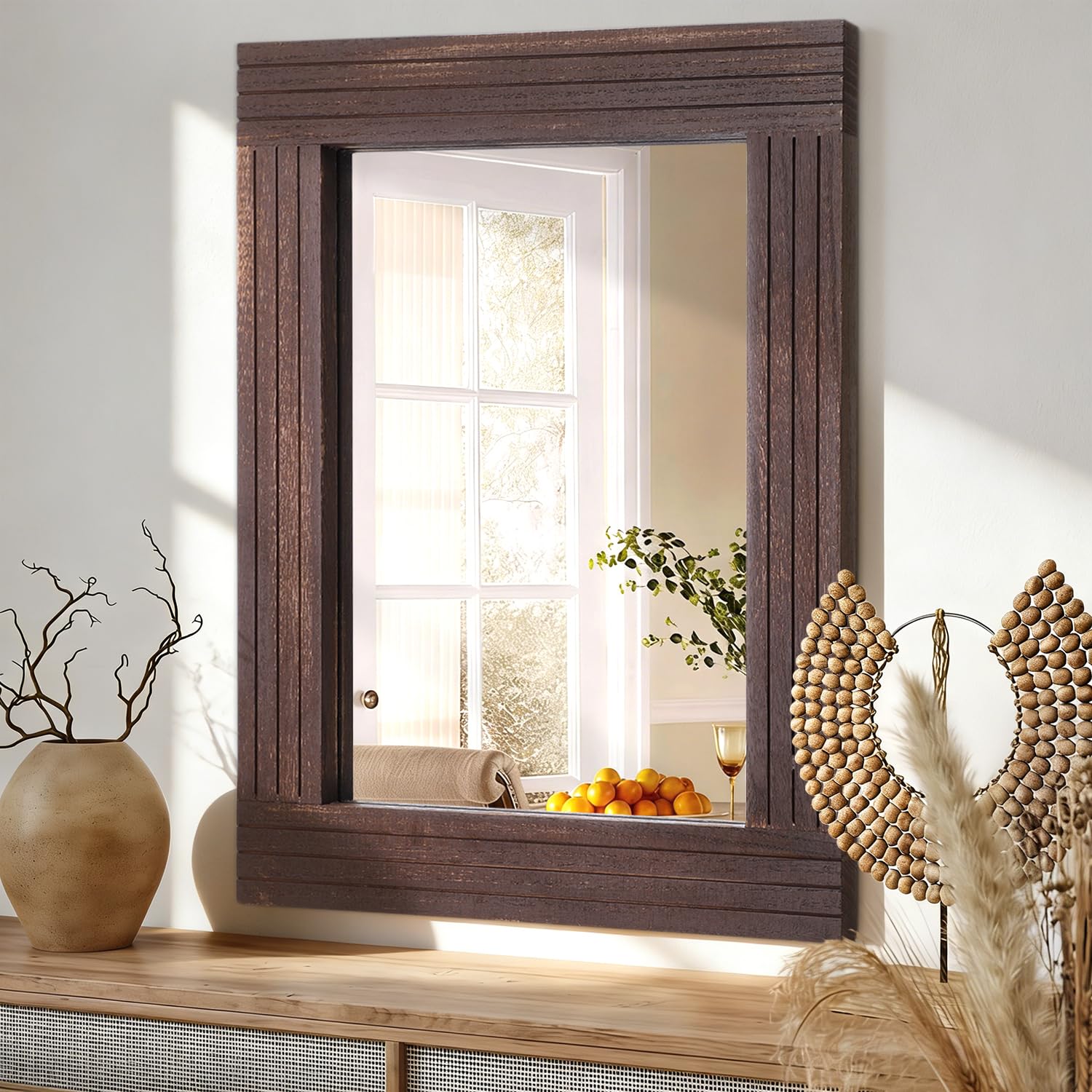 Hlfmvwe Tanned Rustic Wood Framed Wall Mirror Farmhouse Rectanglular Vintage Antique Decor Hanging Mirror For Bathroom Bedroom Living Room Entryway Large 40X50cm