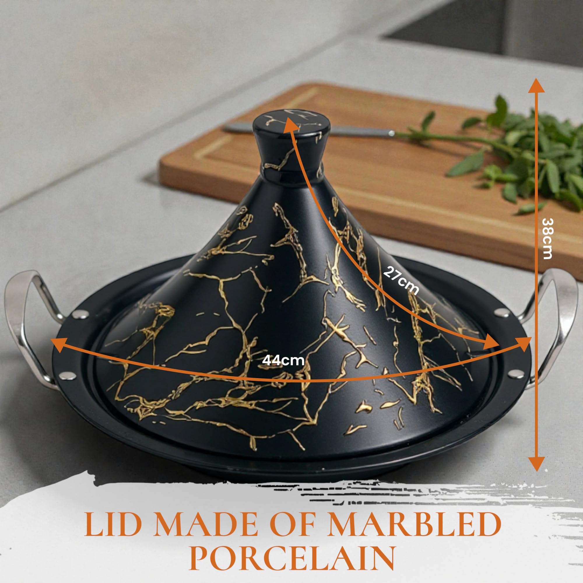 Tajine Royal Swiss 38 cm – Acier inoxydable, revêtement antiadhésif, couvercle porcelaine – Toutes sources de chaleur, induction, gaz, électrique – Cuisine saine (Noir, 38 cm)