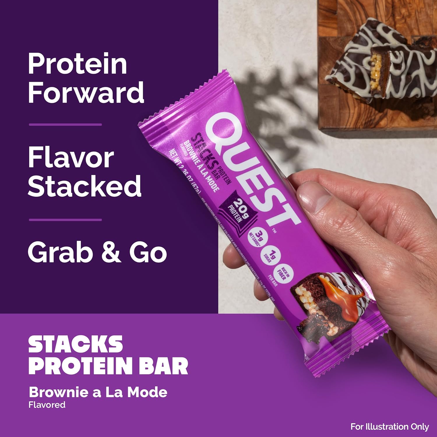 Quest Nutrition Stacks Protein Bars, Brownie a la Mode Flavor, 20g Protein, 3g Net Carbs, 1g Sugar, High Fiber, Low Sugar, Gluten Free, 12 Count