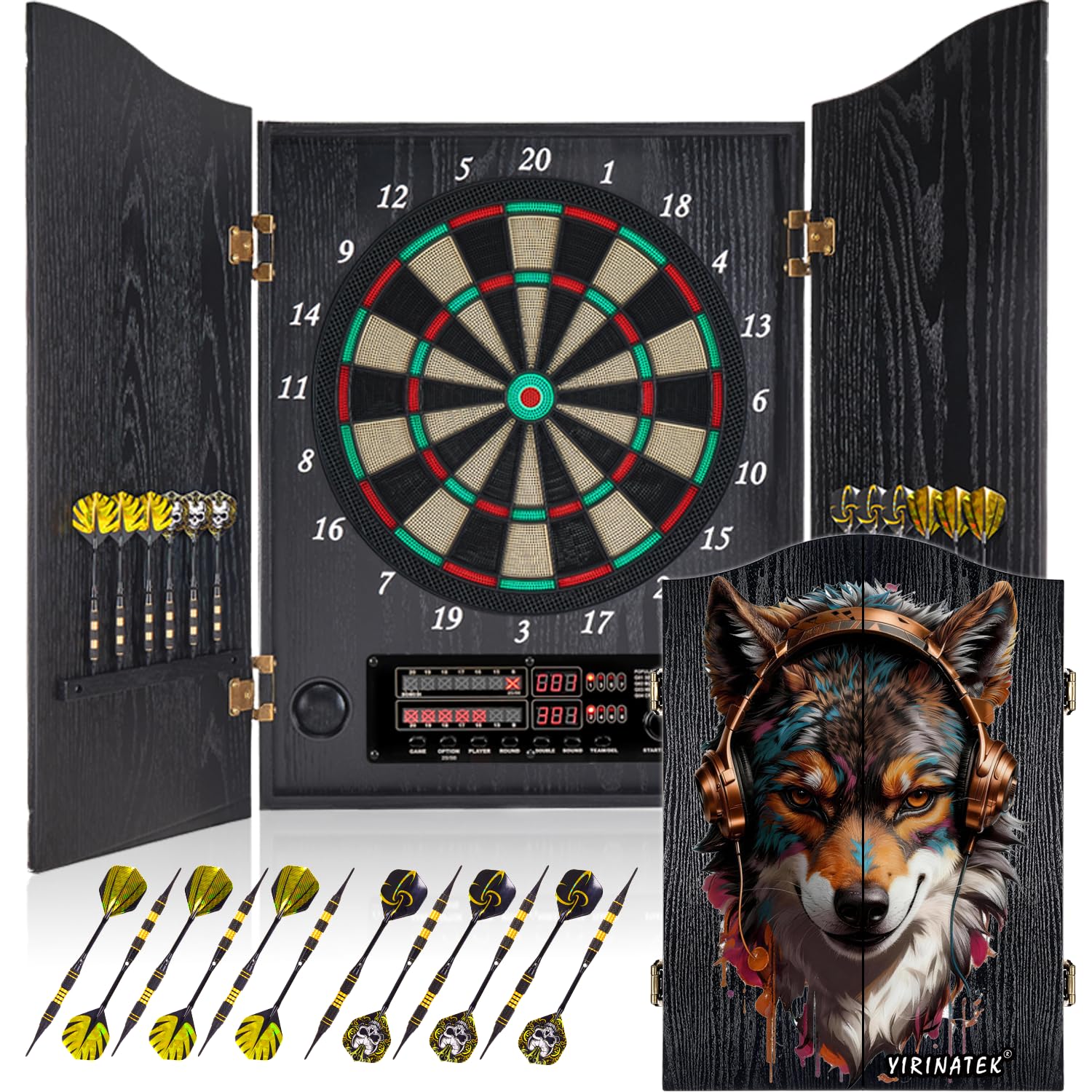 Jeu de Flechette Electronique avec Armoire en Bois Idéale pour La Famille | 25 jeux intégrés (Cricket, 301, 501), 1–8 joueurs, 50 pointes de rechange