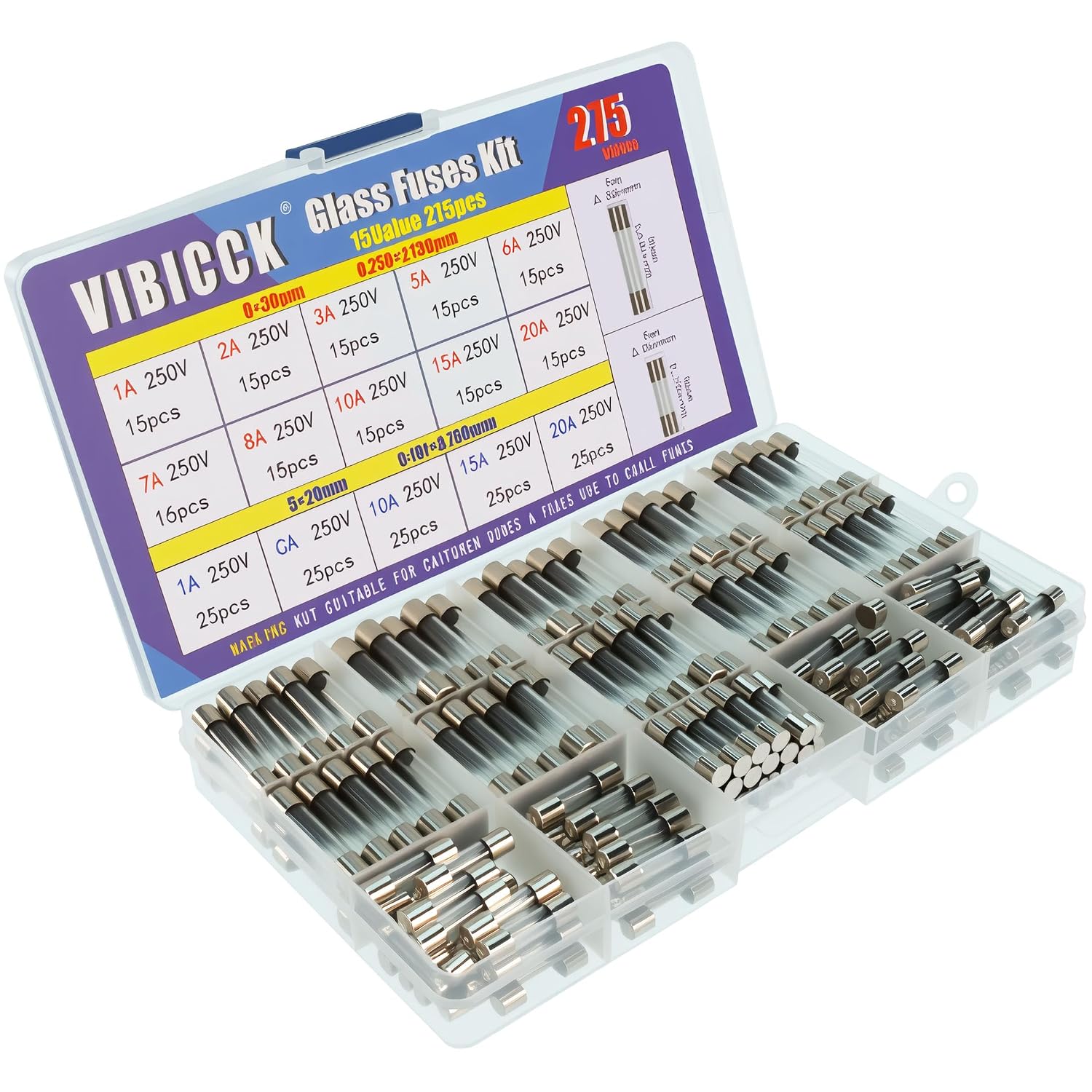 15values 275piece Fast Burning Glass Fuse Combination kit 250V 1A 2A 3A 5A 6A 7A 8A 10A 15A 20A 5x20mm&6x30mm Glass fuses