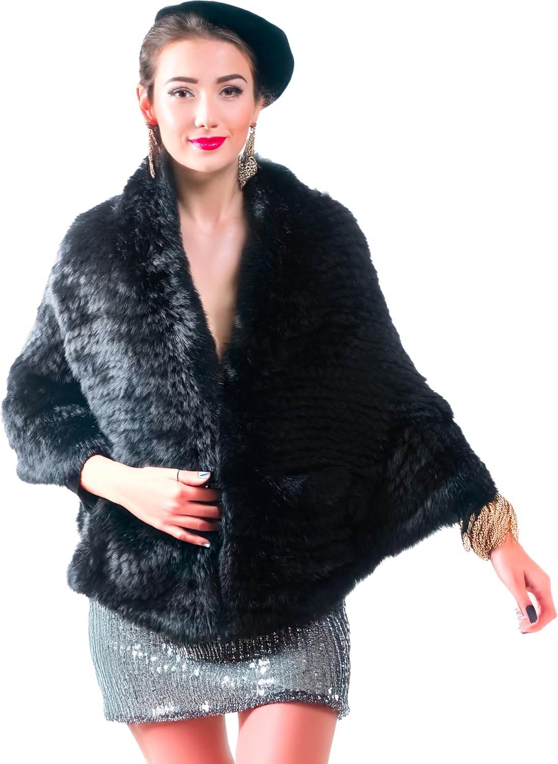 HEIZZI Full-Scale Real Fur Shawl for Wedding with Pockets 2' x 6' Ruffle Poncho Wrap cape for Women Party & Evening Wear