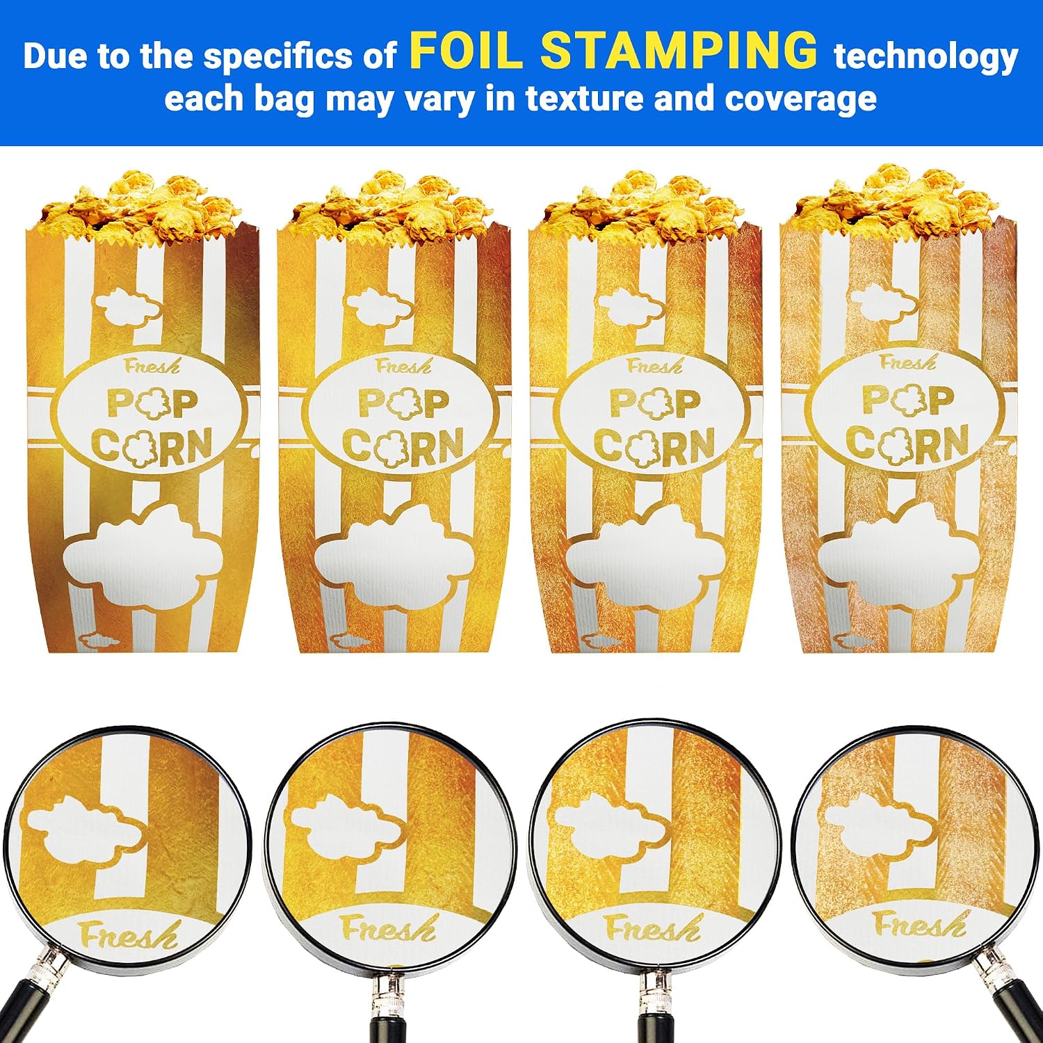 CUSINIUM 1oz Metallic Gold Paper Popcorn Bags (100-pack) - Carnival Theme - Customizable
