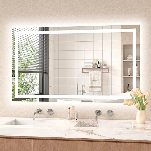 Miniatura 8 de Twalsu Espejo de pared de 24 x 32 pulgadas para baño, espejo LED de tocador de baño con marco de aluminio de metal dorado, ajustable de 3000 K4500