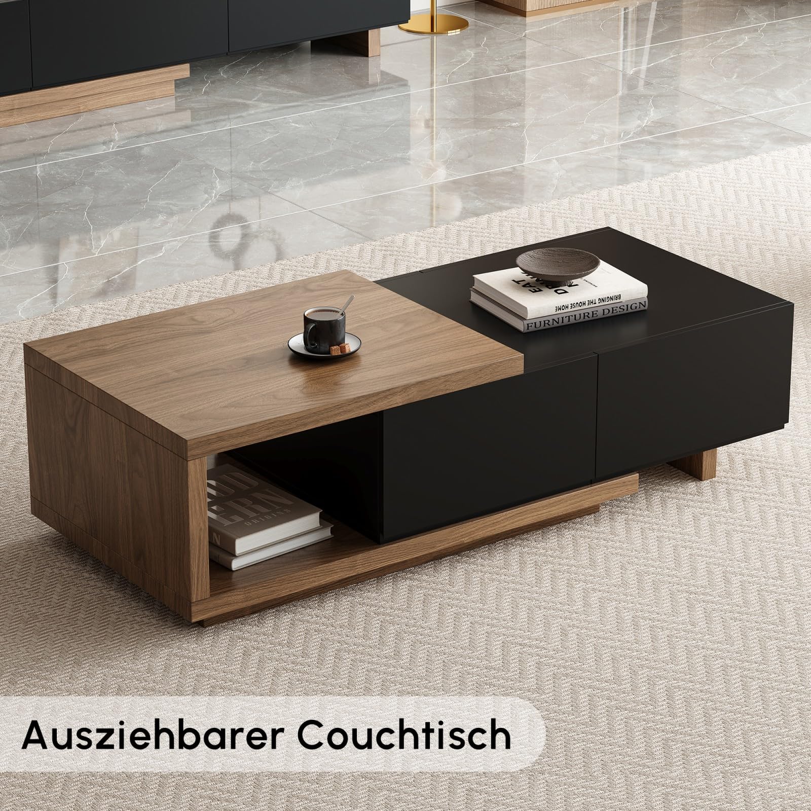 Homary Ausziehbarer Couchtisch aus Walnussholz 120 cm-175 cm mit 2 Schubladen, strapazierfähige Tischplatte, Elegantes Wohnzimmermöbel für kleine Räume (Schwarz und Walnuss)