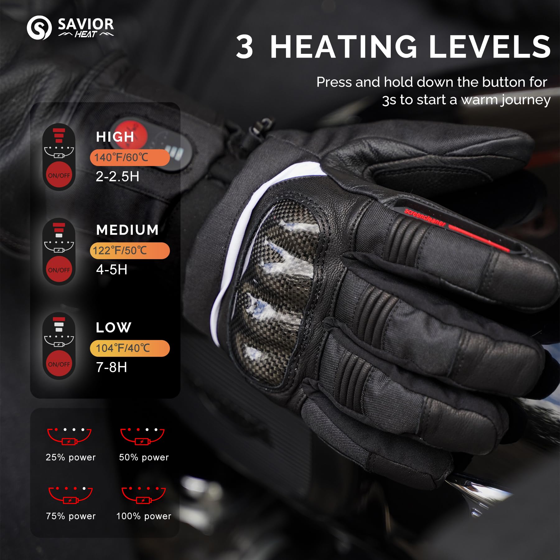SAVIOR HEAT Heated Motorcycle Gloves for Men & Women Waterproof Windproof Touchscreen Compatible 7.4V Rechargeable Battery Gloves Winter Outdoor Riding Cycling Snowmobile product thumbnail 3