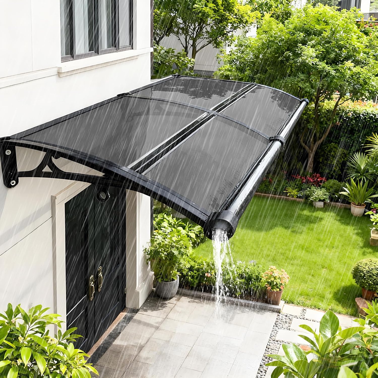 Door Awning Exterior, Polycarbonate Aluminum Frame Window Awning with Drainage Gutter, UV Rain Snow Protection Outdoor Canopy for Porch Deck - Gray 32x59in/80x150cm