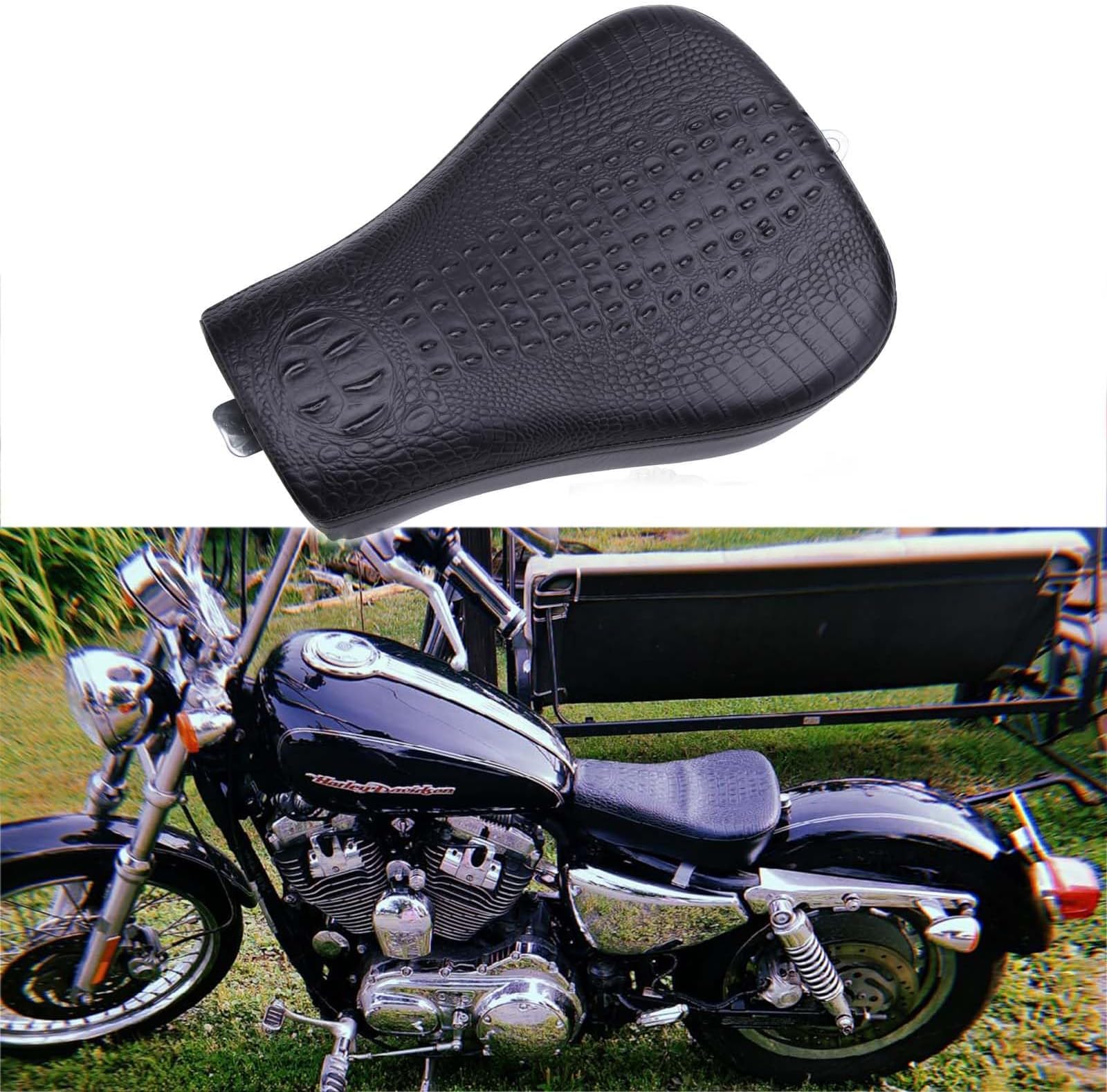 Black Crocodile Motorcycle Solo Seat Front Driver Cushion Compatible with Harley Sportster Forty XL1200 883