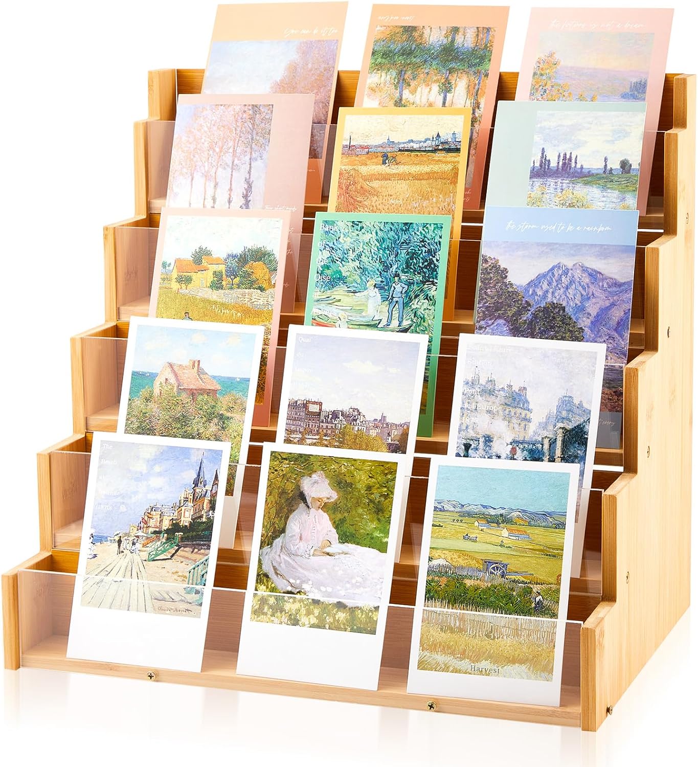 5 Tier Greeting Card Display Stand Wood Color Bamboo and Acrylic Sticker Display Stand Trading Card Holder Retail Photos Shelf for Vendors Craft Collection & Show Wood 5 Tier