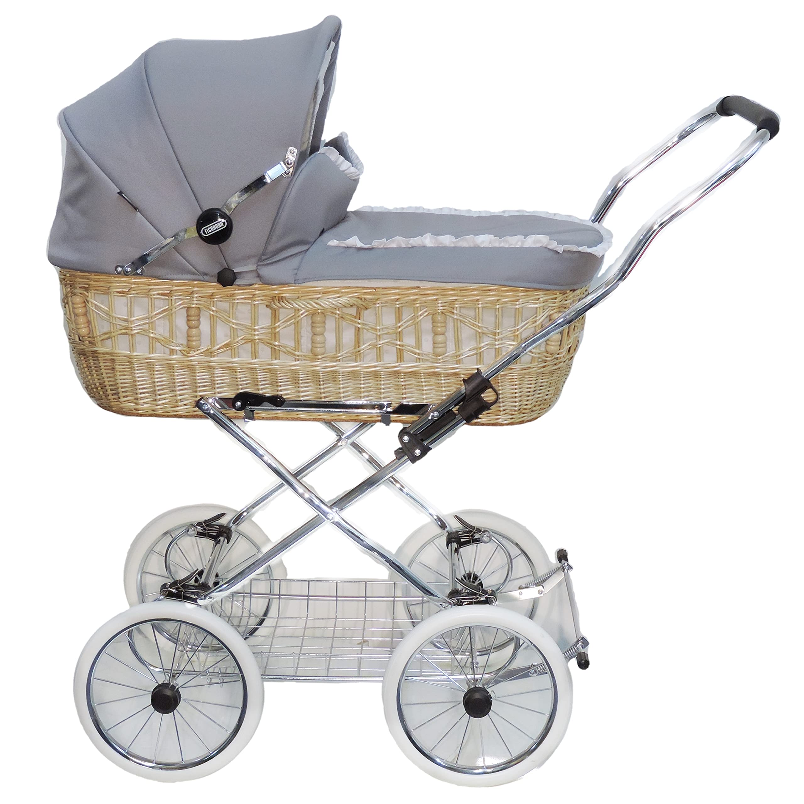EICHHORN Kinderwagen Weidenkorb - Kinderwagen aus echter Weide,  handgeflochten, Korb Weide Natur, Stoff Silbergrau : Amazon.de: Baby