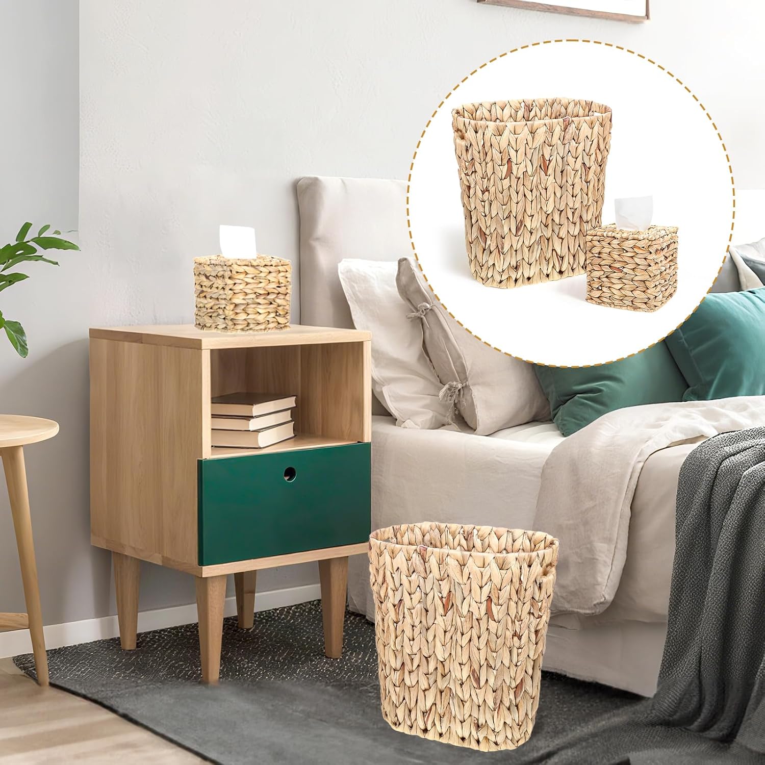 Water Hyacinth Trash Can Wicker Square Tissue Cover Box Bathroom Waste Basket with Handles Rattan Tissue Case Holder Boho Decorative Woven Home for Bedroom Living Room Kitchen Bathroom Office