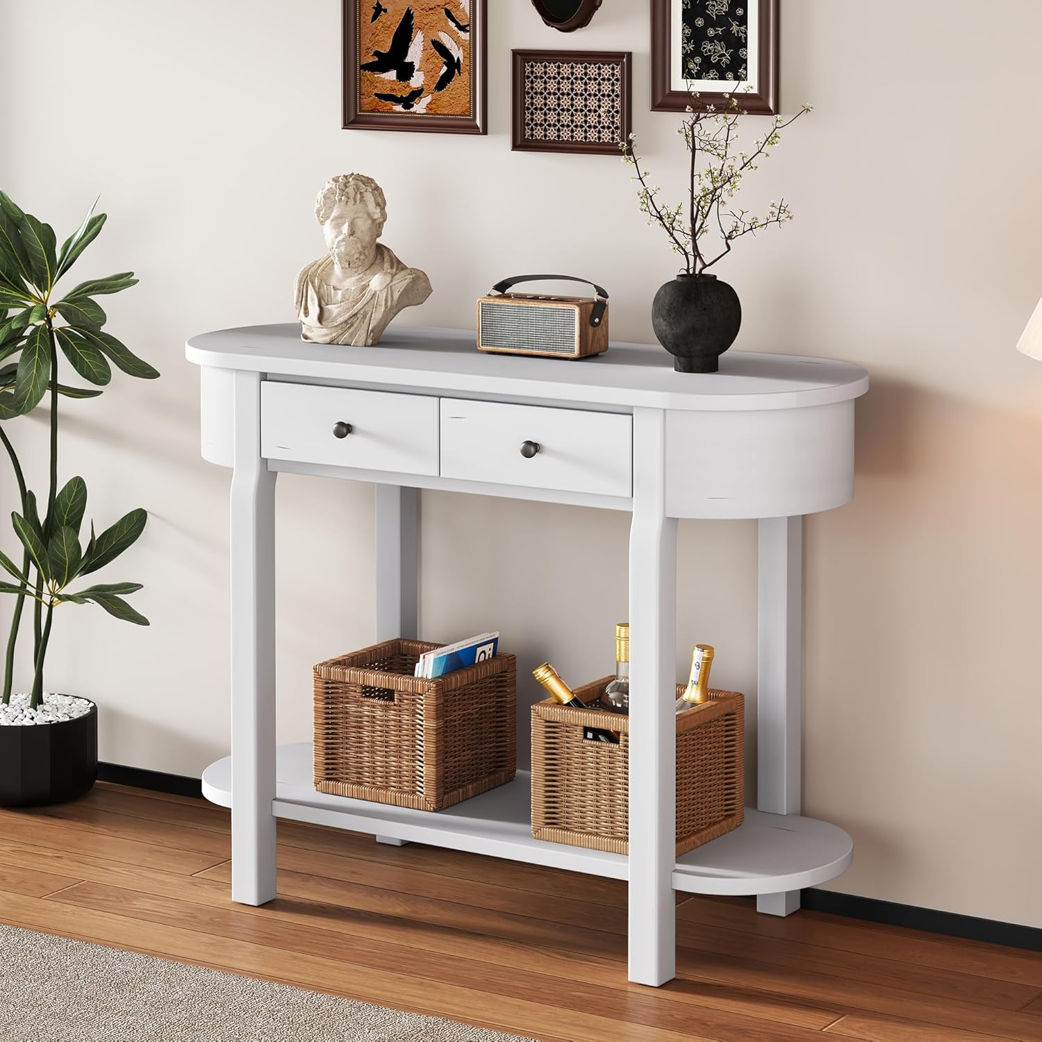 LUMISOL Retro Curved Entryway Table with Drawers, 2 Tier Sofa Table Console Table with Bottom Shelf for Hallway Entrance Living Room, Antique White