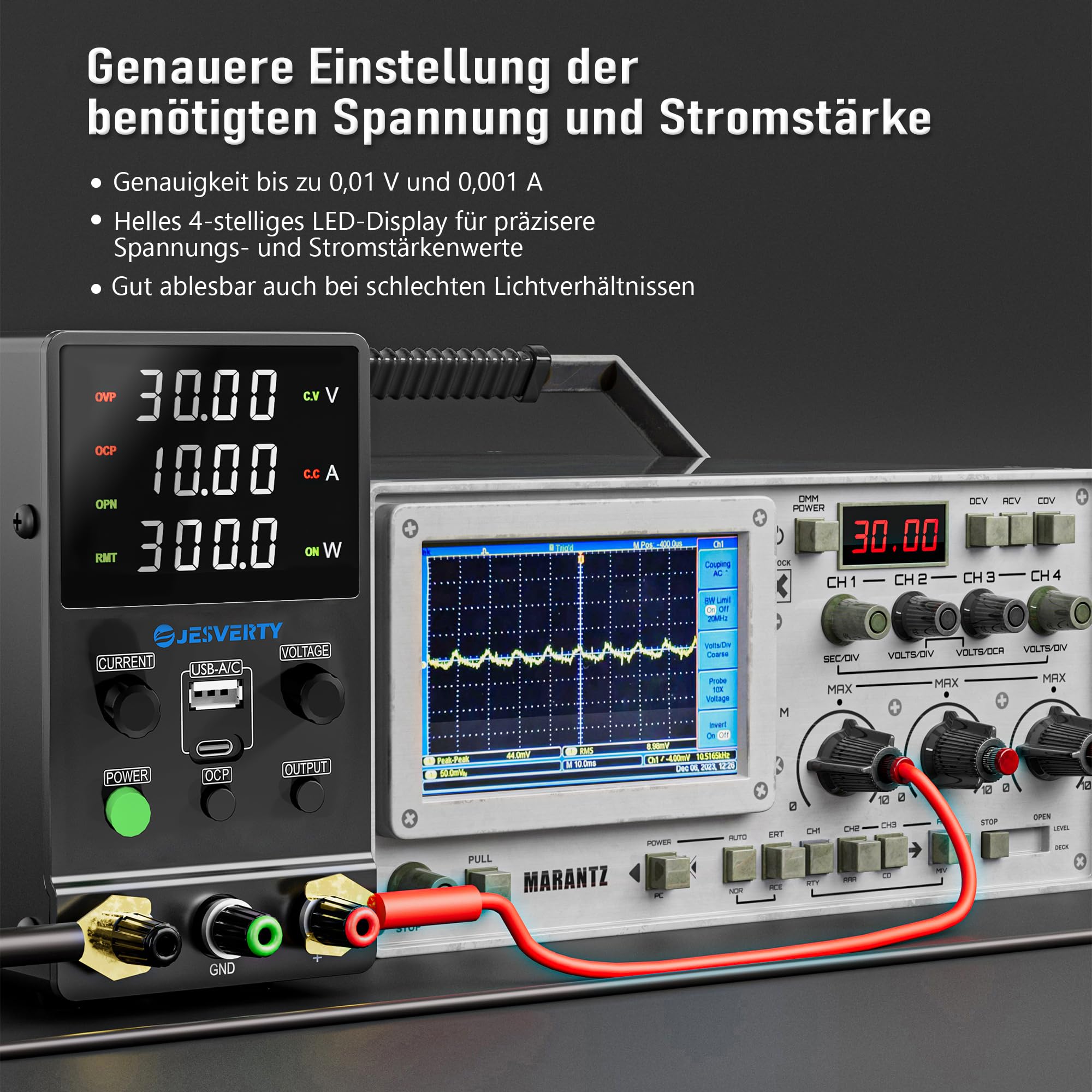 Labornetzteil, Jesverty Labornetzteil DC Regelbar Netzgerät(32 V, 10 A) mit USB und Type-C 20W Schnellladung, Encoder-Knopf, Ausgangs-EIN/Aus-Schalter, 4-stelliges LED-Display – SPS-3010M