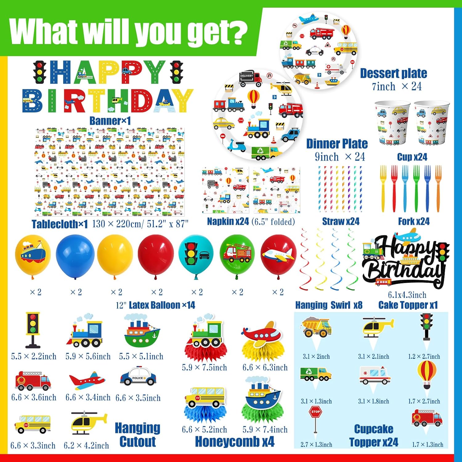 Transportation Birthday Decorations, All-in-1 Cars Birthday Decorations with Balloons Vehicle Plates Napkins Cups Cake Toppers Honeycombs Tablecloth and Banner for Boy Truck Themed Party, Serve 24