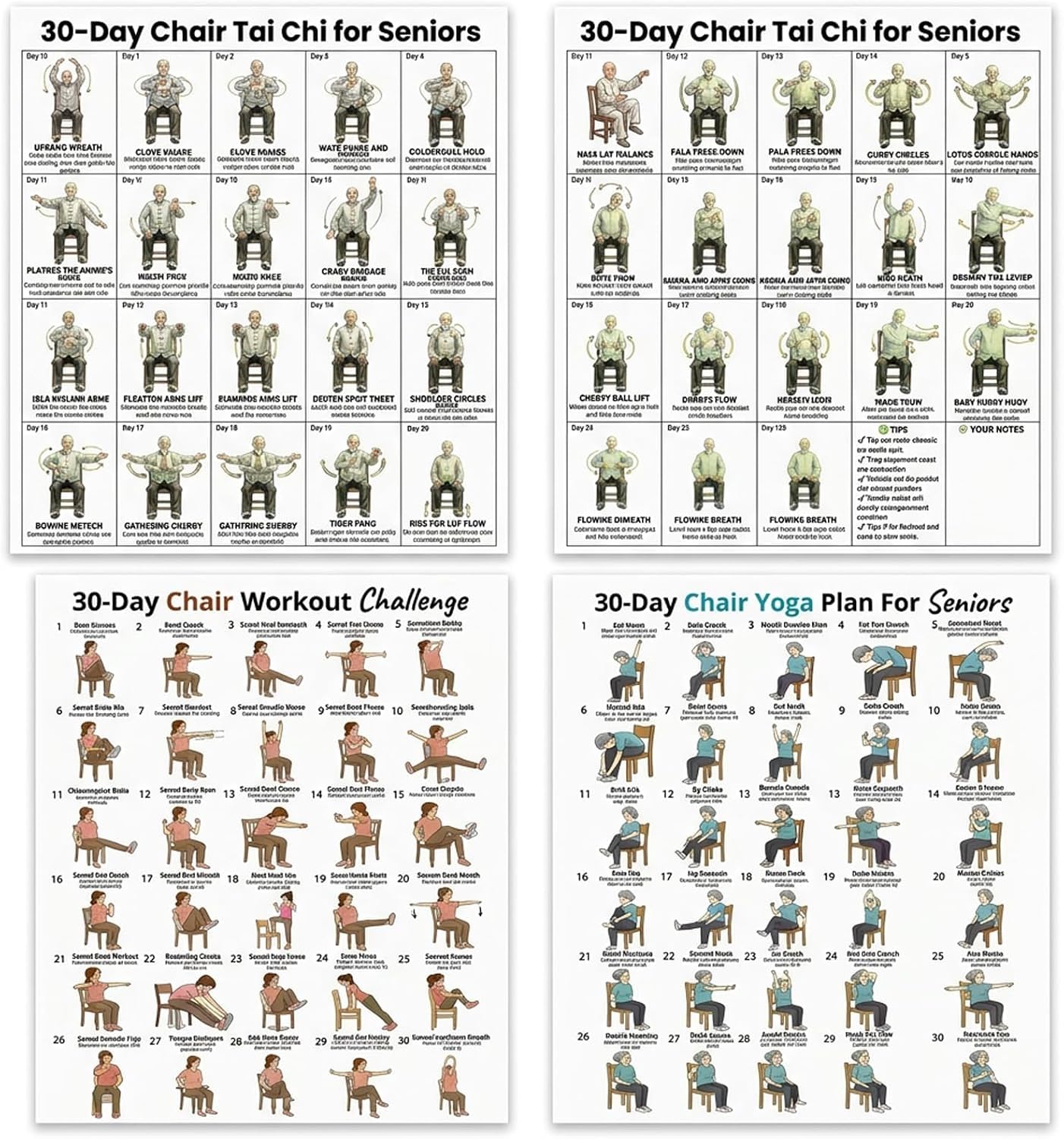 BLBATBK 4 PCS Chair Tai Chi Workout Set, Exercise Charts for Seniors