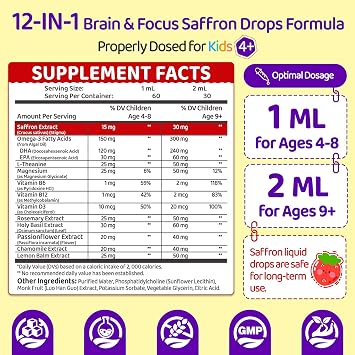 Liposomal Saffron Drops for Kids, Organic Saffron Extract Supplements with Holy Basil, Rosemary for Focus, Attention & Brain Support, Vegan, Alcohol-Free, Strawberry Flavor, 4 FL OZ
