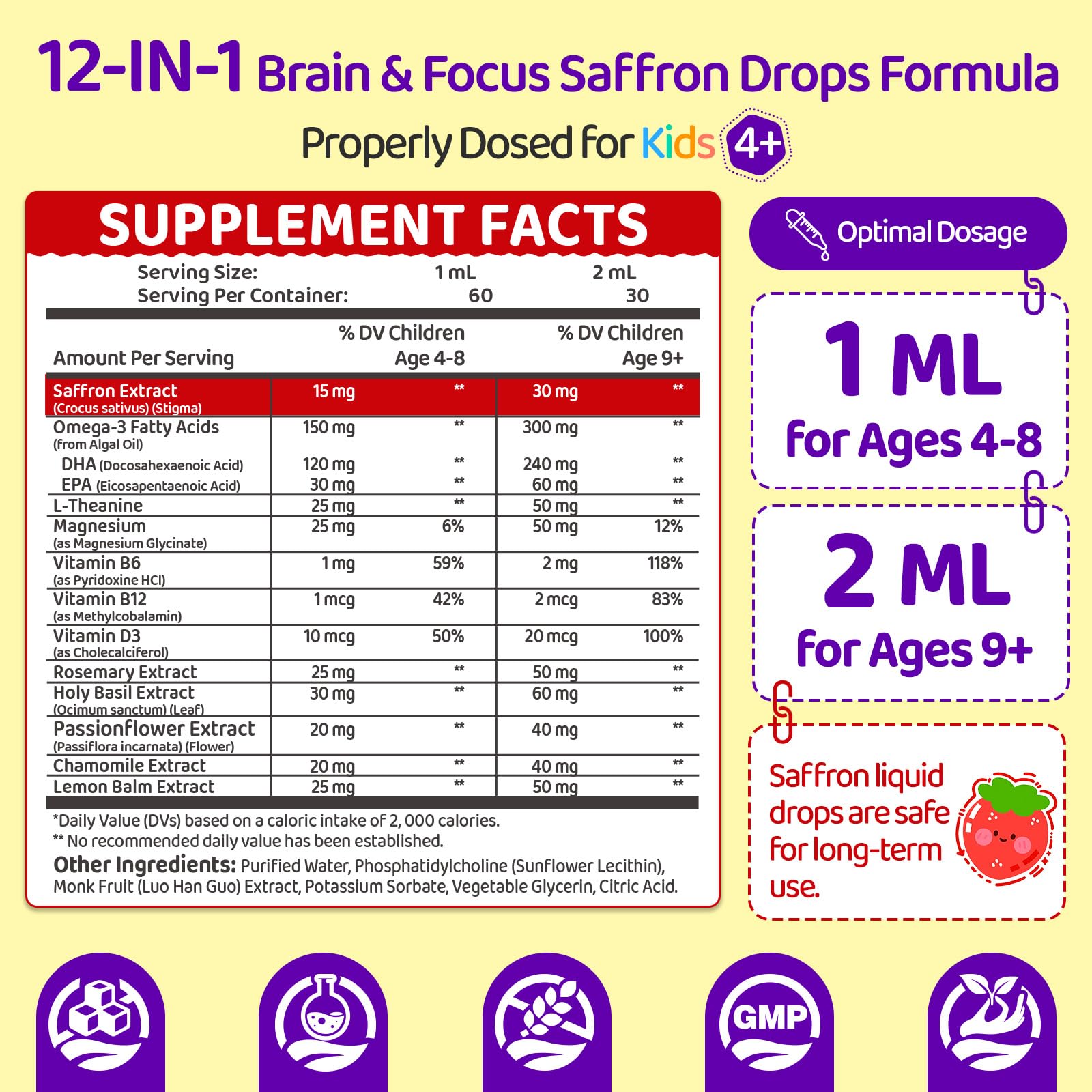 Liposomal Saffron Drops for Kids, Organic Saffron Extract Supplements with Holy Basil, Rosemary for Focus, Attention & Brain Support, Vegan, Alcohol-Free, Strawberry Flavor, 2 FL OZ — Amazon image 3