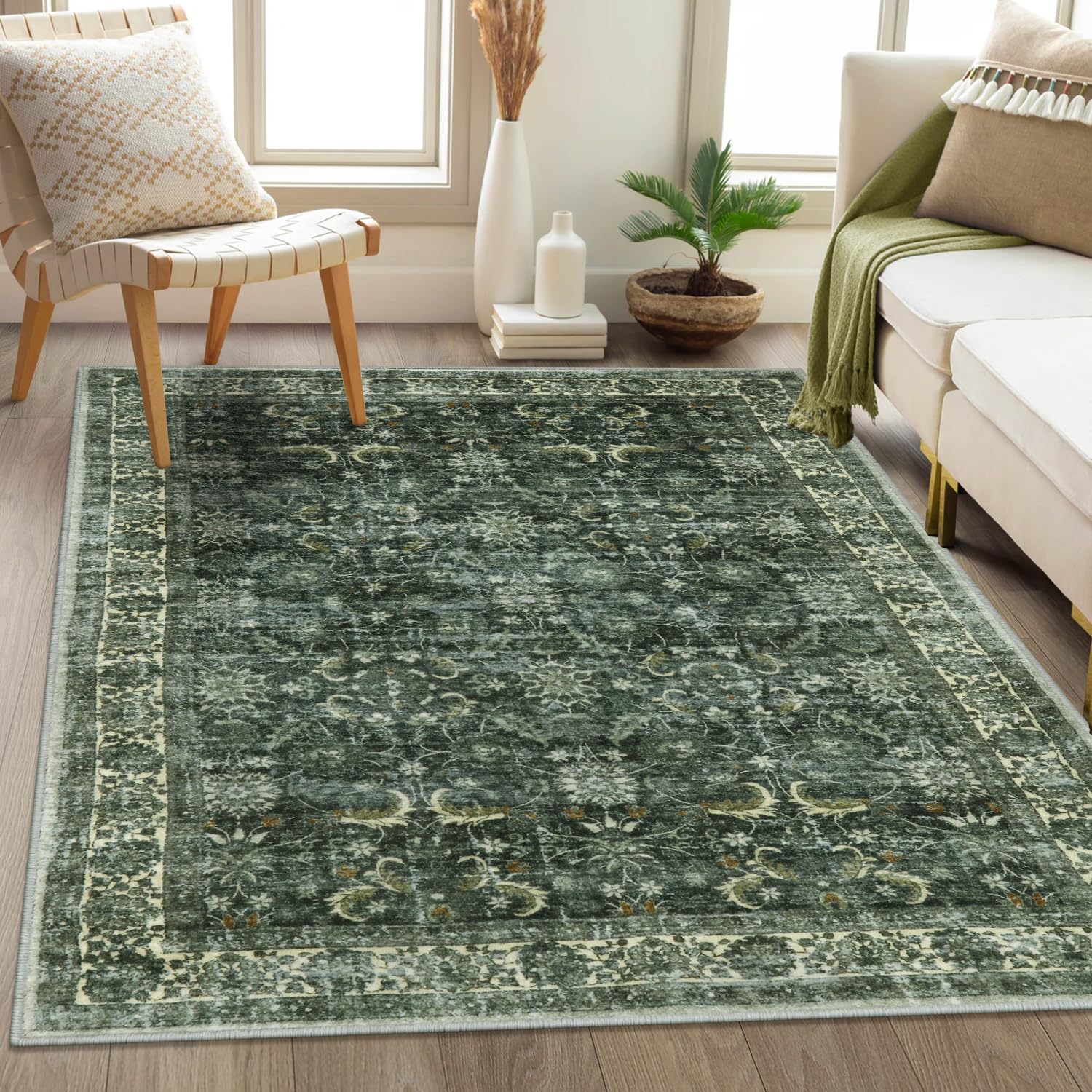Anidaroel Area Rug 4x6 Washable Living Room Rugs, Soft Boho Rug for Bedroom, Non Slip Stain Resistant Indoor Throw Carpet, Distressed Entryway Kitchen Rugs for Apartment Dining Room, Dark Green