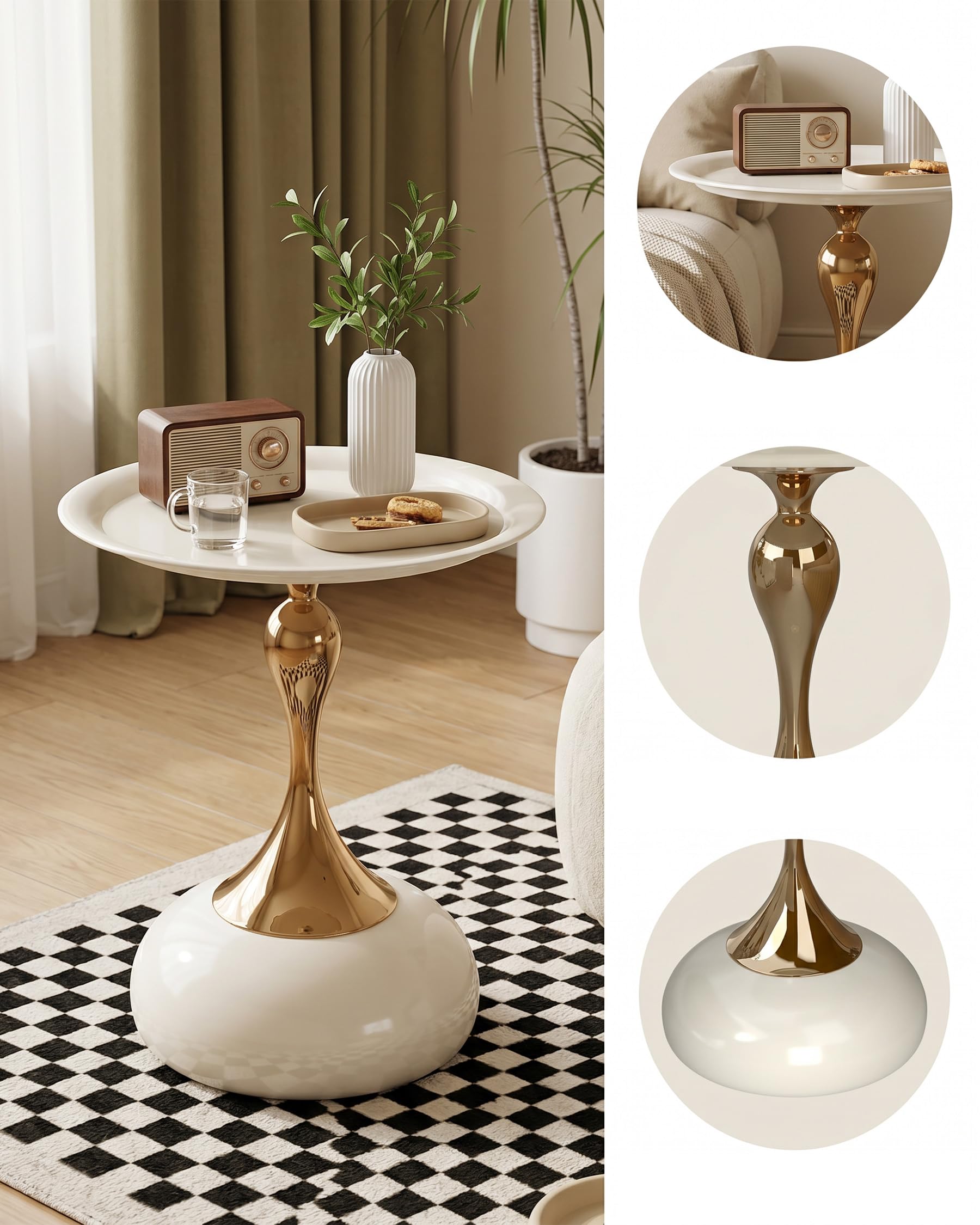 Mesa Auxiliar Sofa Beige y Dorada para Salón, Mesita de Centro de Diseño en Metal, Set de 2 Mesita Auxiliar Pequeños para Sofá o Dormitorio, Side Table de Jardín Exterior, 40x53cm