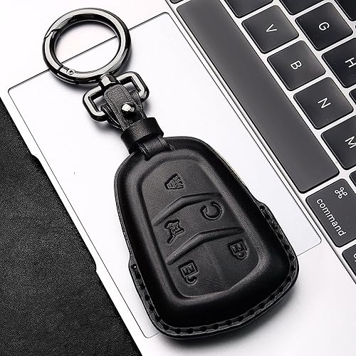 Miniatura 4 de Tukellen Funda de cuero para llavero Cadillac con llavero de cuero, protección completa de 360 grados, compatible con Cadillac Escalade CTS SRX XT5