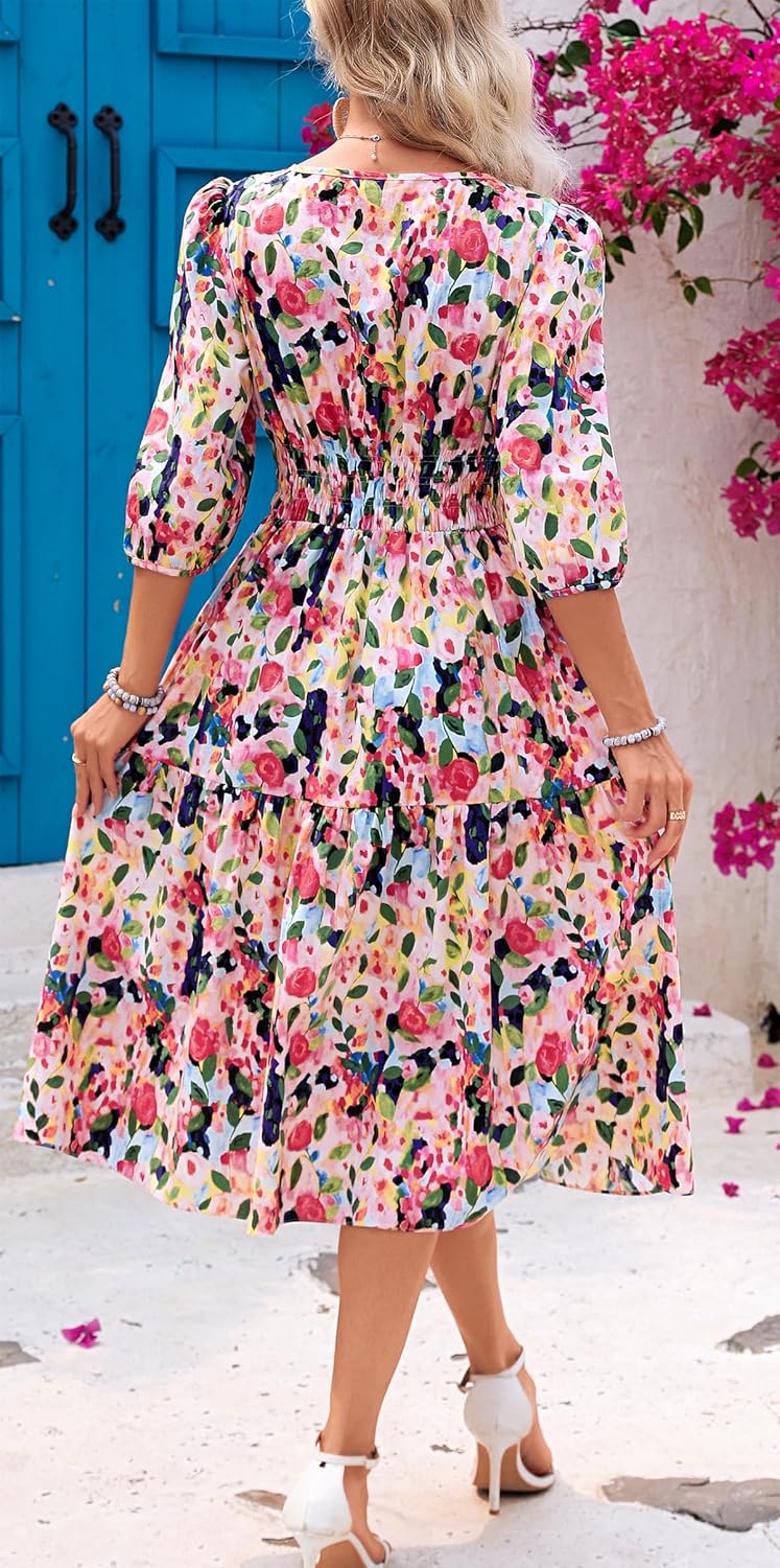 Kormei Women Casual Boho Floral Round Neck 3/4 Sleeve Smocked Waist Tiered A Line Flowy Swing Midi Dress Long Dresses - Image 5