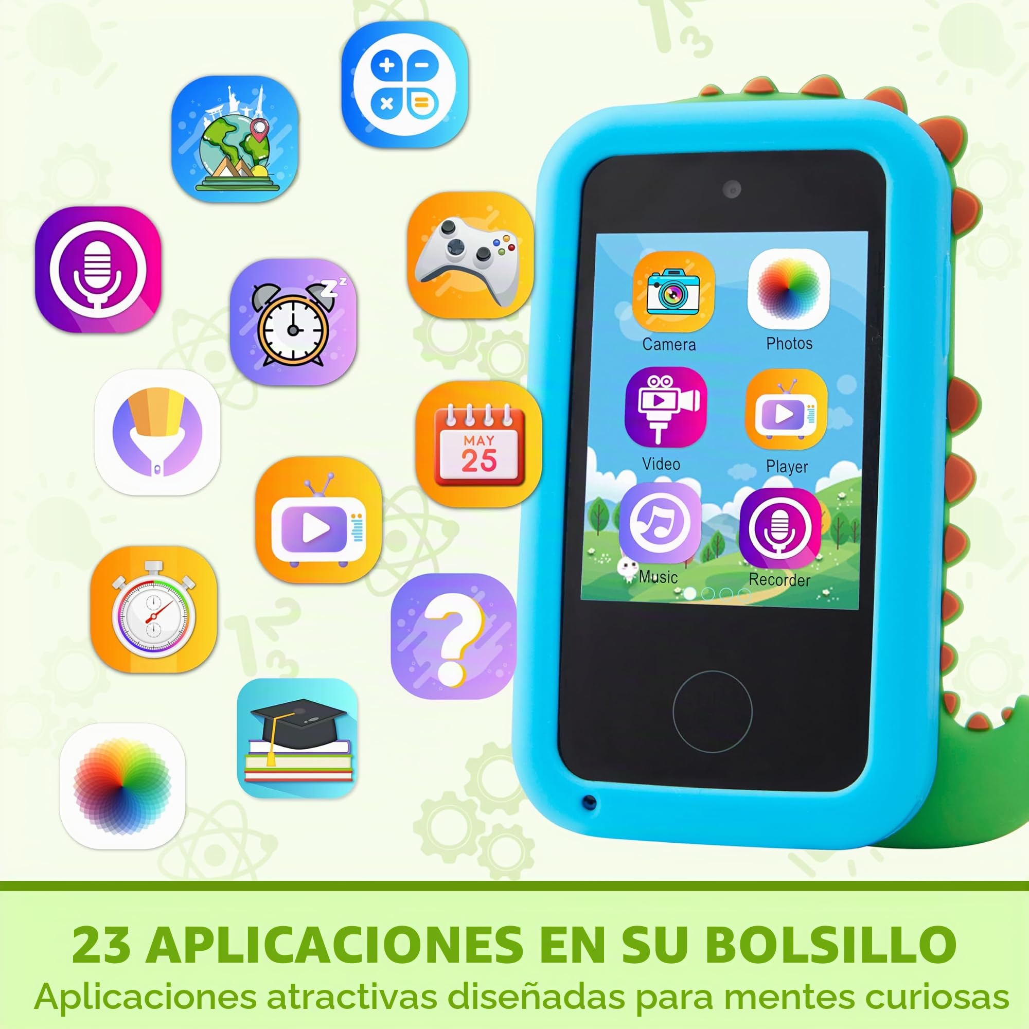 SYNCFUN Kids Smart Phone Toys For Boys Age 3 4 5 6 7 8 9,Touchscreen Kids Mobile Phone with Dual Camera, Game, Music 8GB Card,Dinosaur