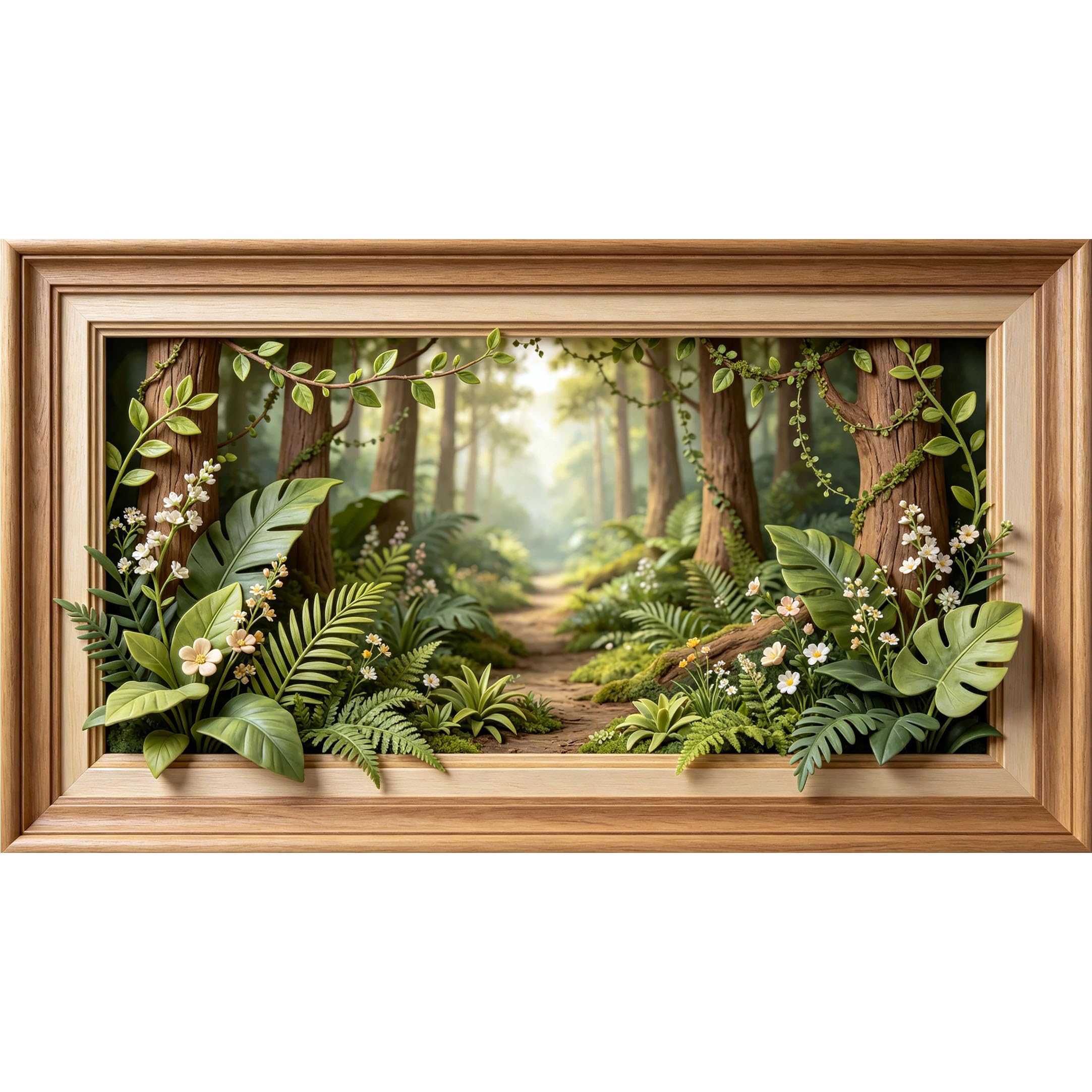 QZLITHOTIC 50×90cm3D Framed Wall Art， Lush Forest Path Botanical Tropical Landscape Self?Adhesive Mural， Water?Activated Peel & Stick Fabric Decor Wall Decal for Bedroom Living Room