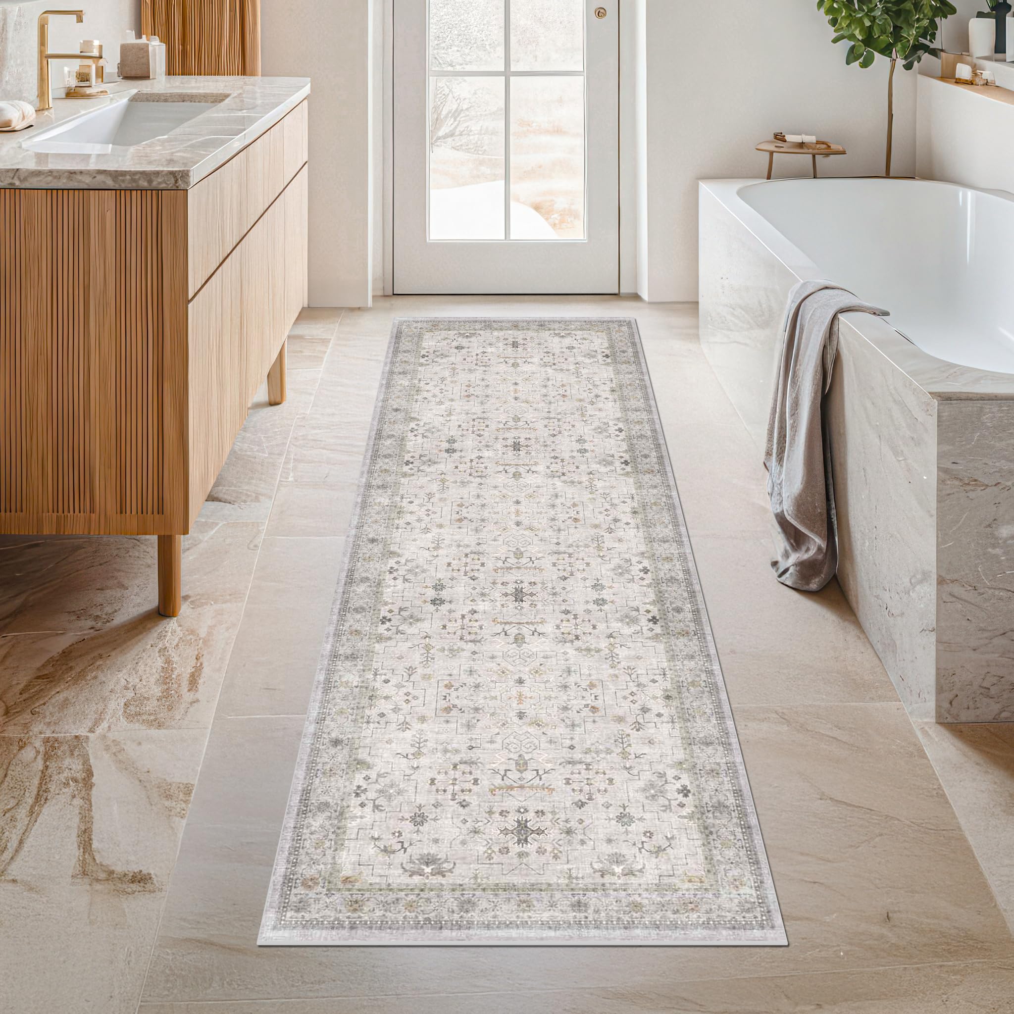 Hazo Haus Boho 2x5 Floral Bathroom Runner Rug - Washable Low Pile Runner Rugs for Laundry Room, Door Mat Indoor Entrance, Neutral Light Gray & Sage Geometric Decor & Stain Resistance