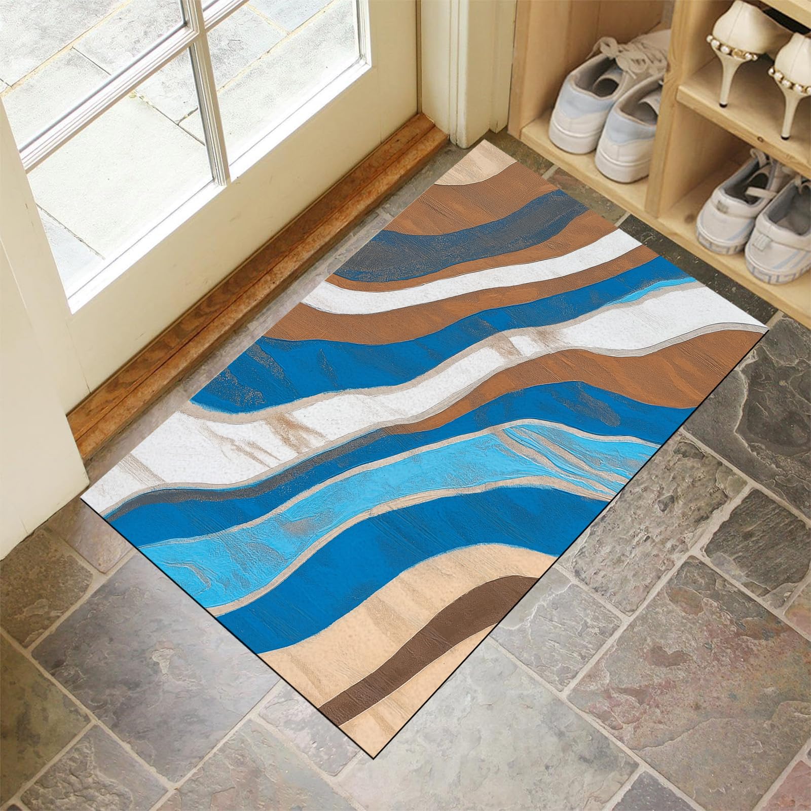 Paillasson intérieur extérieur 60x90cm bleu et marron tapis entrée antidérapant lavable