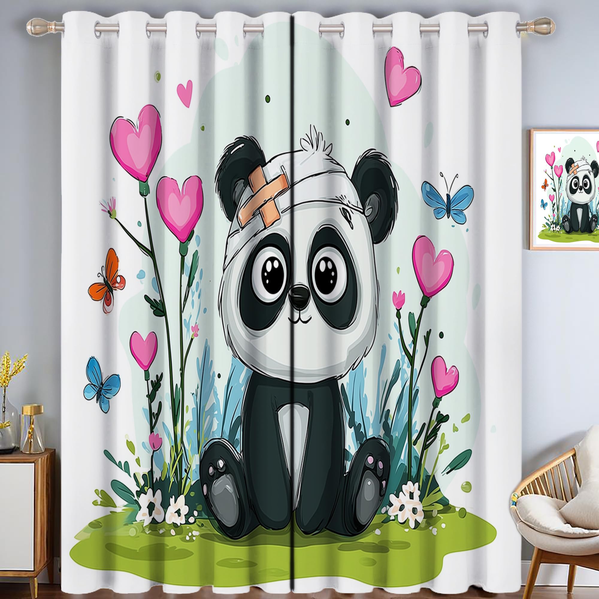 Lot de 2 rideaux occultants thermiques isolants anti-froid illustration animaux panda 140x260
