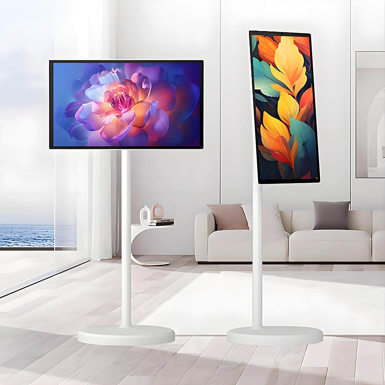 24 Inch FHD Smart Portable TV, Android 12, Built-in 4-6H Battery, Rolling Tablet TV on Wheels, Built-in 6000mAh Battery, Full Swivel Rotation 6+128GB