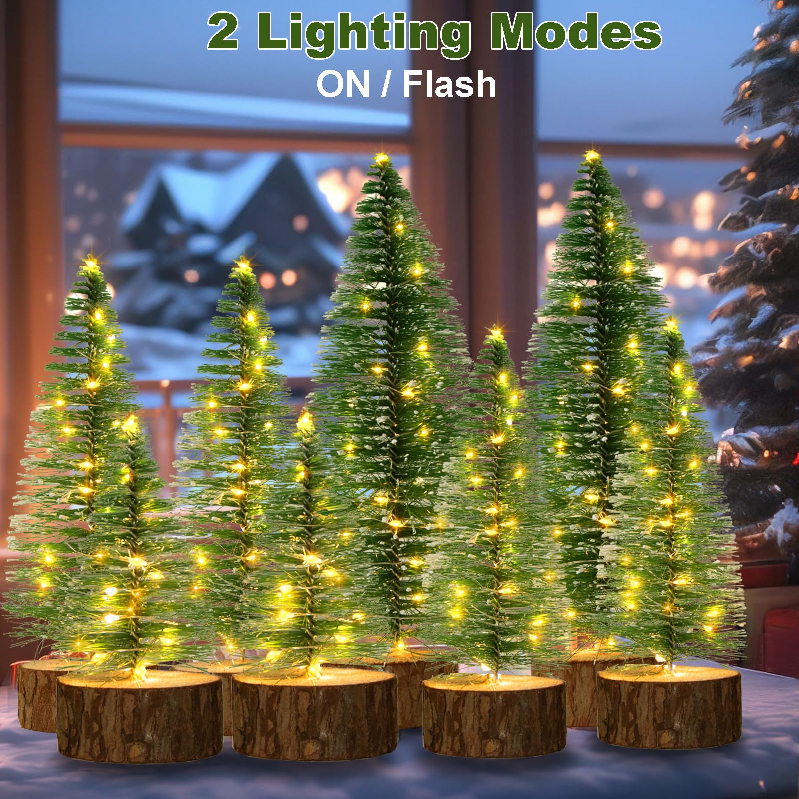 8 mini árboles de Navidad, 2 modos, árboles artificiales con temporizador, cadena de luces LED, pinos pequeños con base de madera para decoración del hogar (blanco cálido)