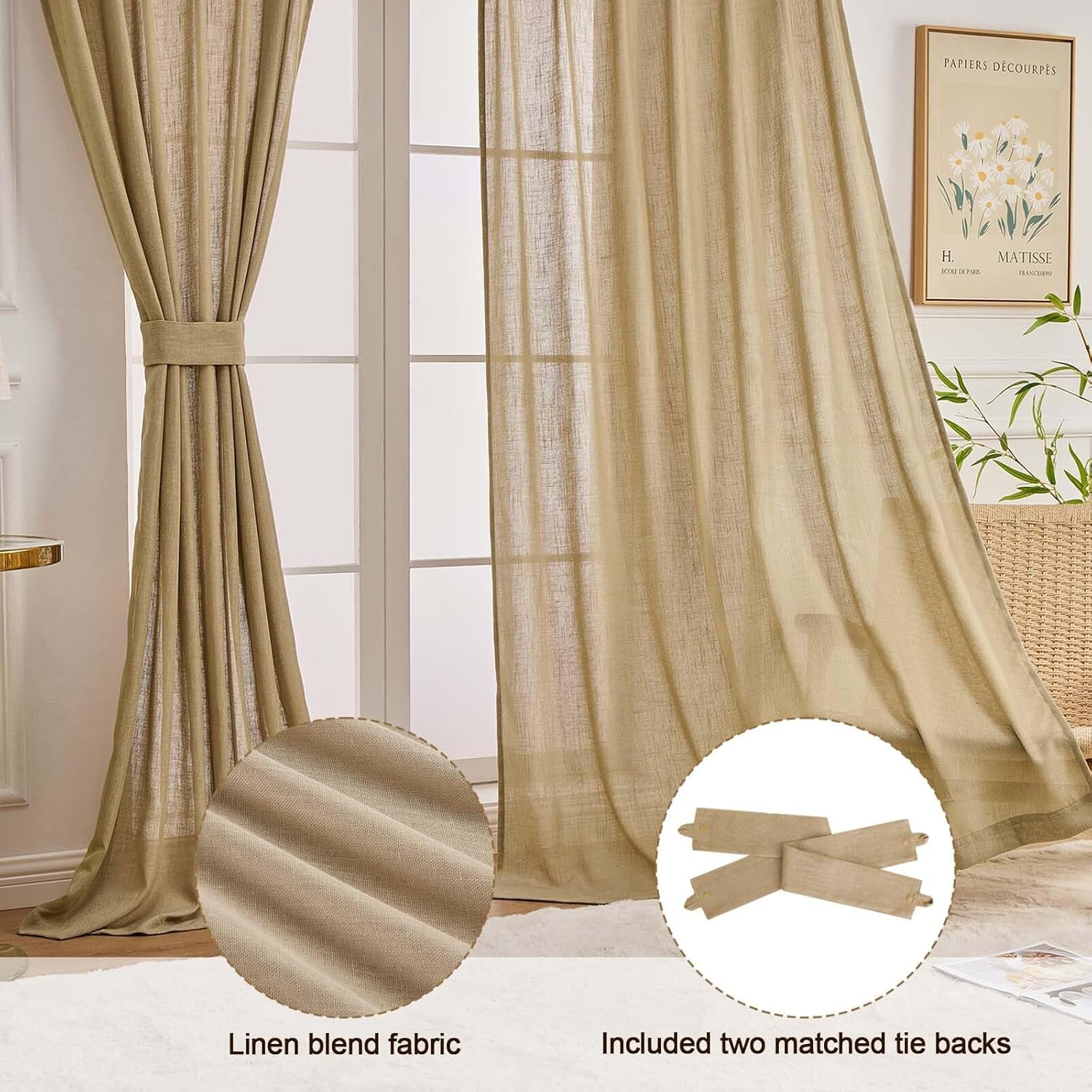 OWENIE Pinch Pleated Linen Curtains for Bedroom Living Room 120 Inches Long 2 Panels Set, Farmhouse Linen Blend Back Tab Semi Sheer Light Filtering Ceiling to Floor for Large Window, Each 40" Wx120 L