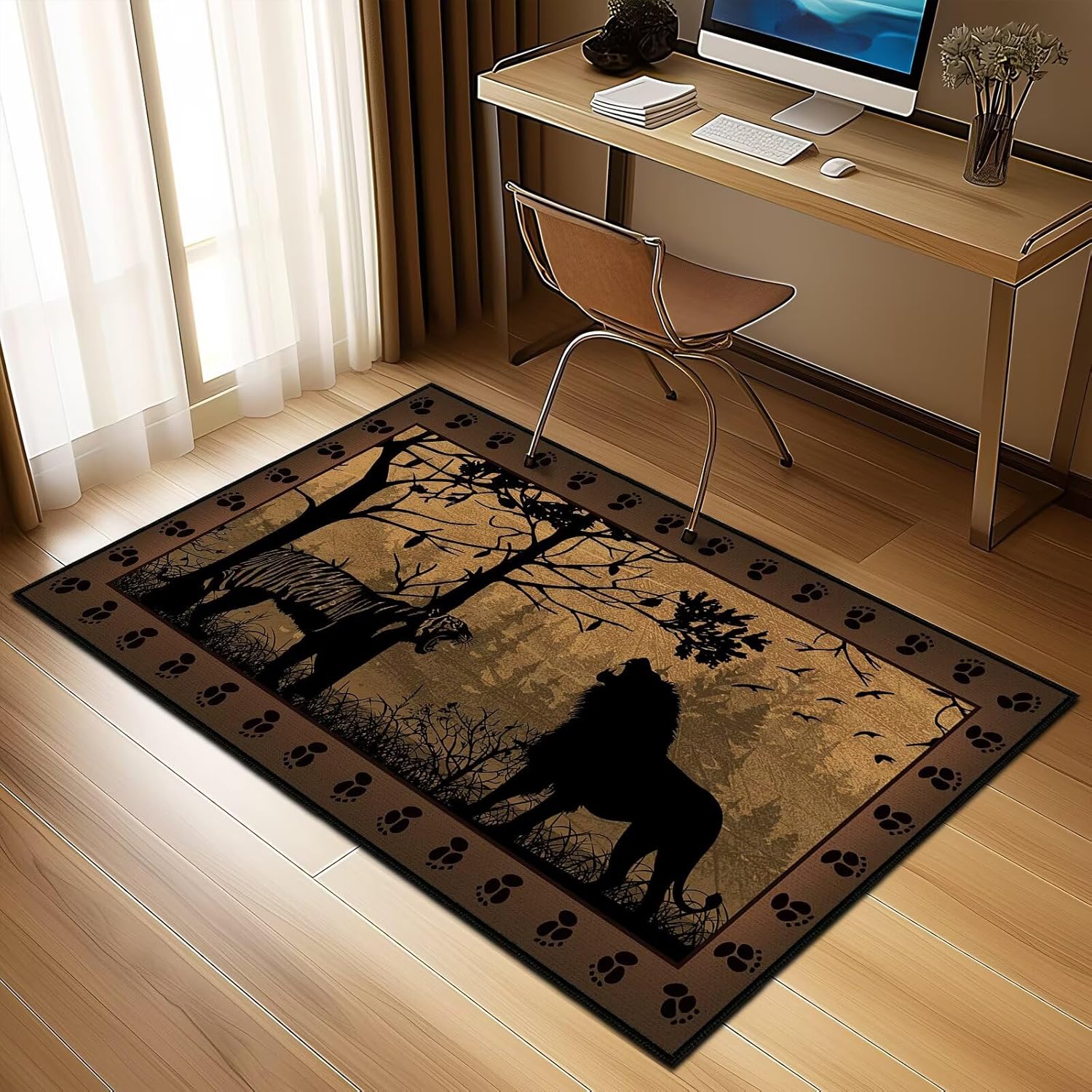Cabin Rustic Area Rug 3x5 Vintage Rugs for Bedroom,Tiger Country Wildlife,Ultra-Thin Washable Throw Carpet Indoor Door Mat Non Slip Accent Floor Carpets for Bedside,Entryway,Living Room,Office,Brown