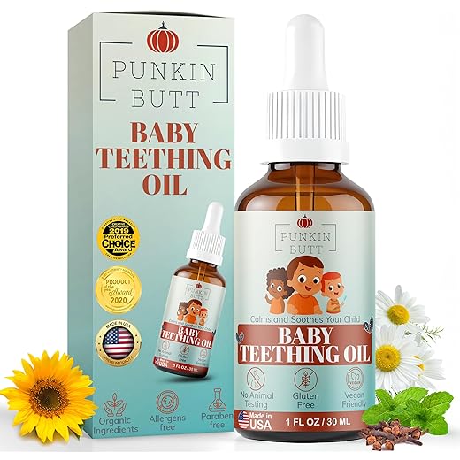 Punkin Butt - Natural Herbal Teething Oil for Babies - Daily Use Soothing Relief Drops | Baby, Infant, Toddler Gum & Tooth Relief | Organic Chamomile, Clove & Peppermint Infusion - 1oz with Dropper