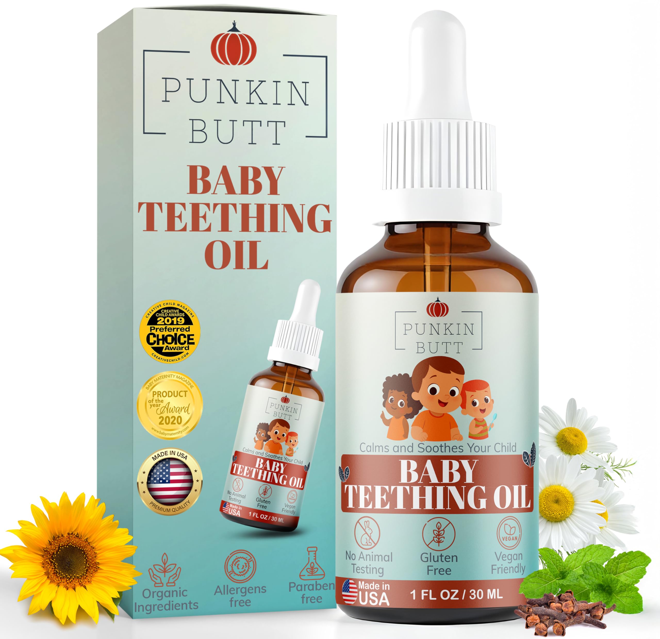 Punkin Butt - Natural Herbal Teething Oil for Babies - Daily Use Soothing Relief Drops | Baby, Infant, Toddler Gum & Tooth Relief | Organic Chamomile, Clove & Peppermint Infusion - 1oz with Dropper