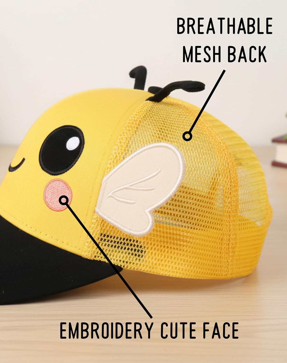 InnoBeta Bee Themed Gifts Cap for Women, Bee Lovers, Adjustable Cotton Embroidered Bumble Bee Face Trucker Hat, Hard Polyester Mesh Yellow