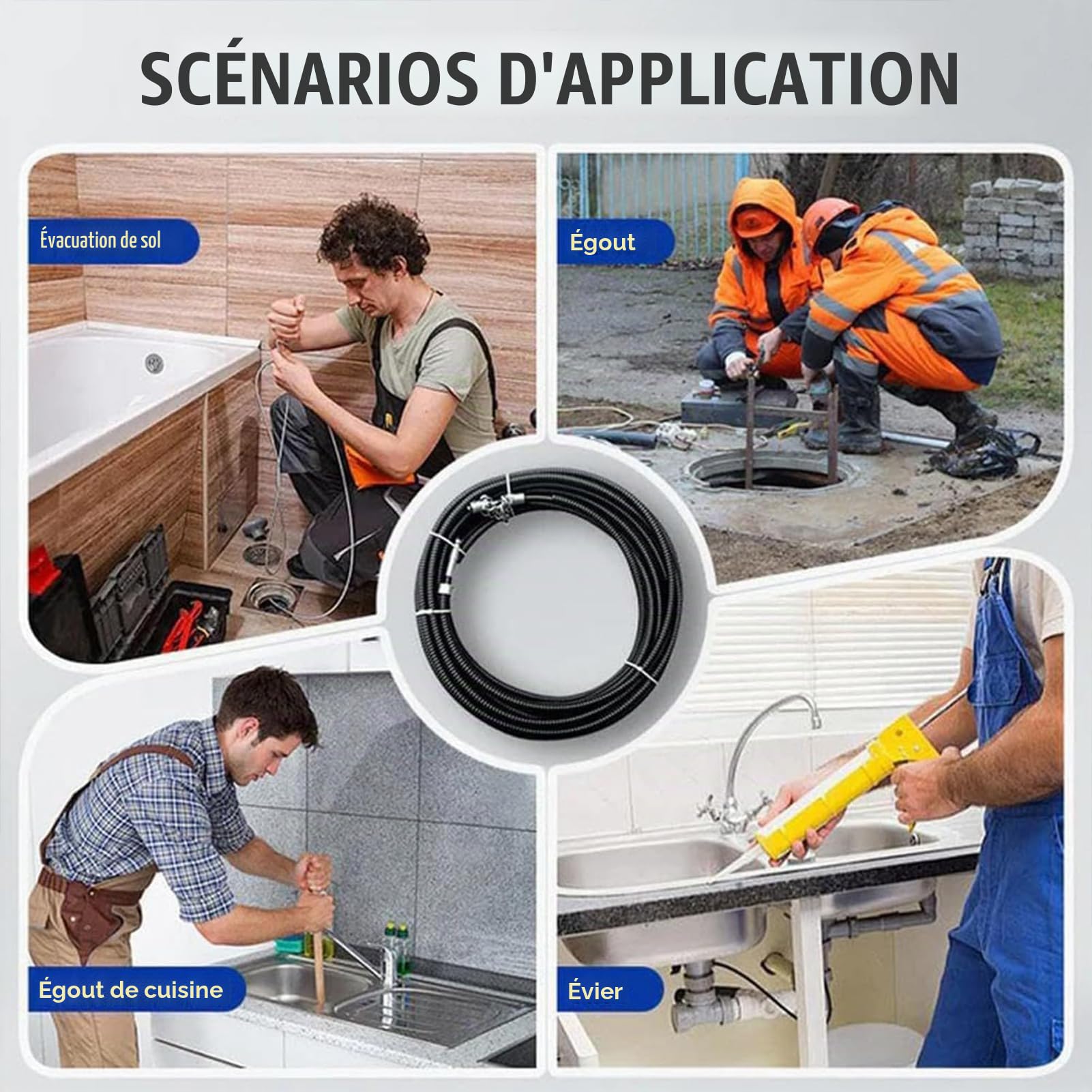 GAOXIAO Furet Électrique Deboucheur Canalisation Professionnel, Chaîne de Détartrage D'égout Flex-Shaft, pour Canalisations en PVC Toilettes Bacs Graisse Chaudières 10 m