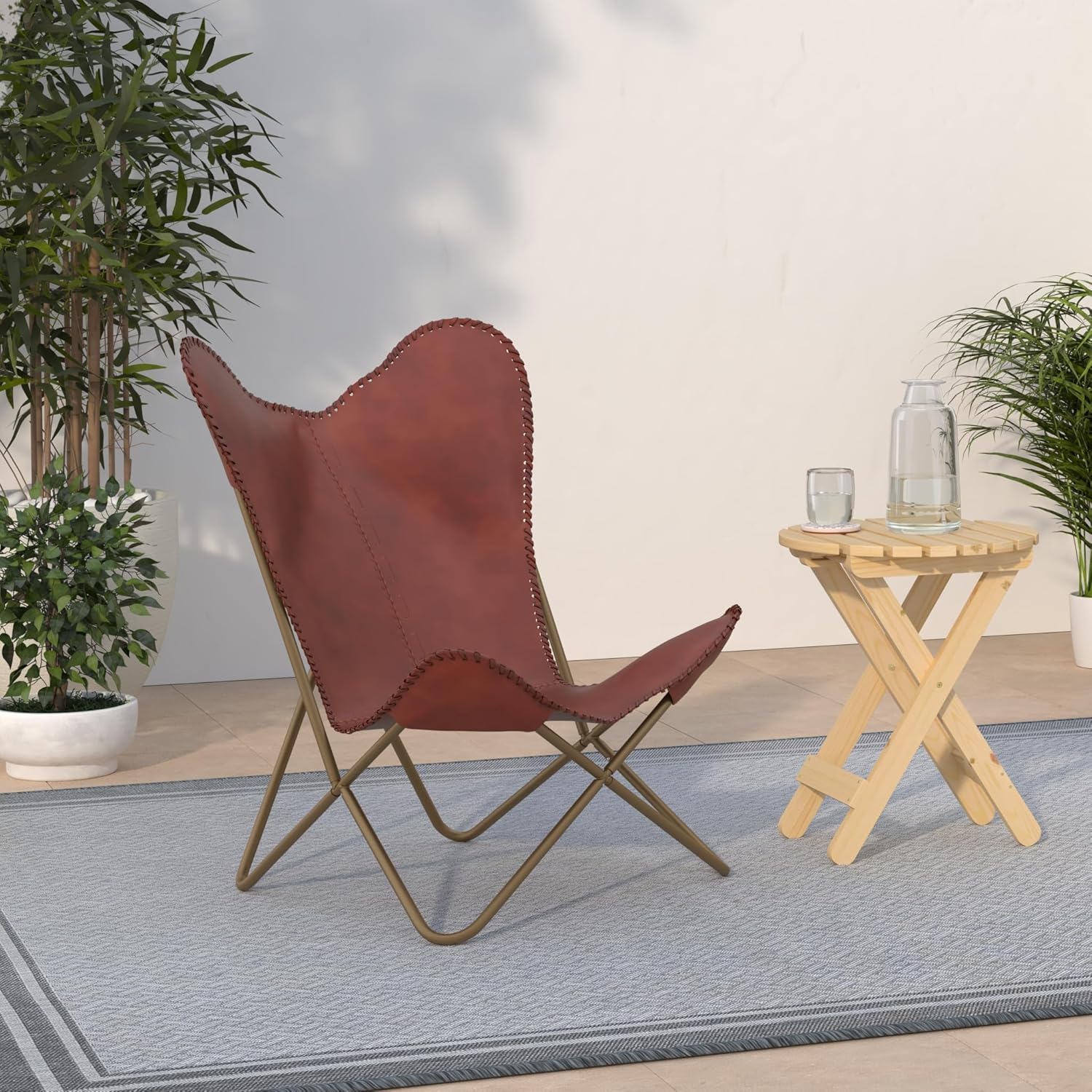 Classy Handmade Leather Living Room Chairs-Butterfly Chair Tan Side Hand Stich Leather Butterfly Chair-Handmade with Powder Coated Folding Iron Frame (Cover with Folding Frame) (COOL GOLDEN FRAME)