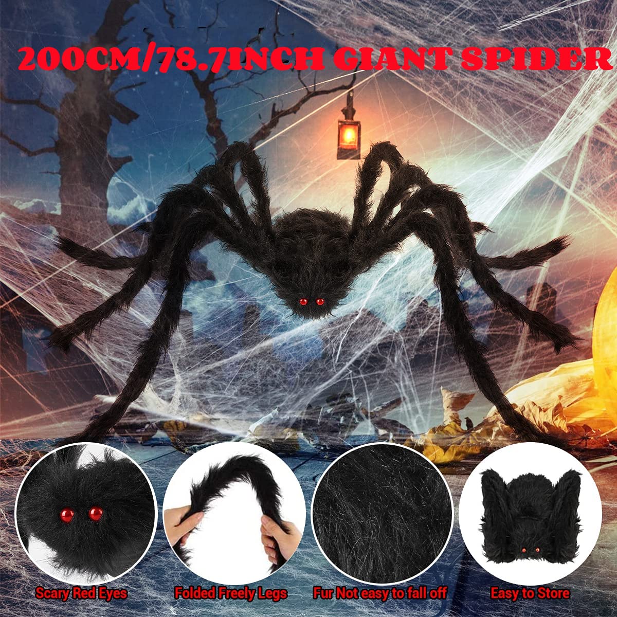 Décoration Halloween Toile D'Araignée Géante 5m + Araignées 2m Avec LED - Kit Effrayant Pour Extérieur/Intérieur - Fangoo