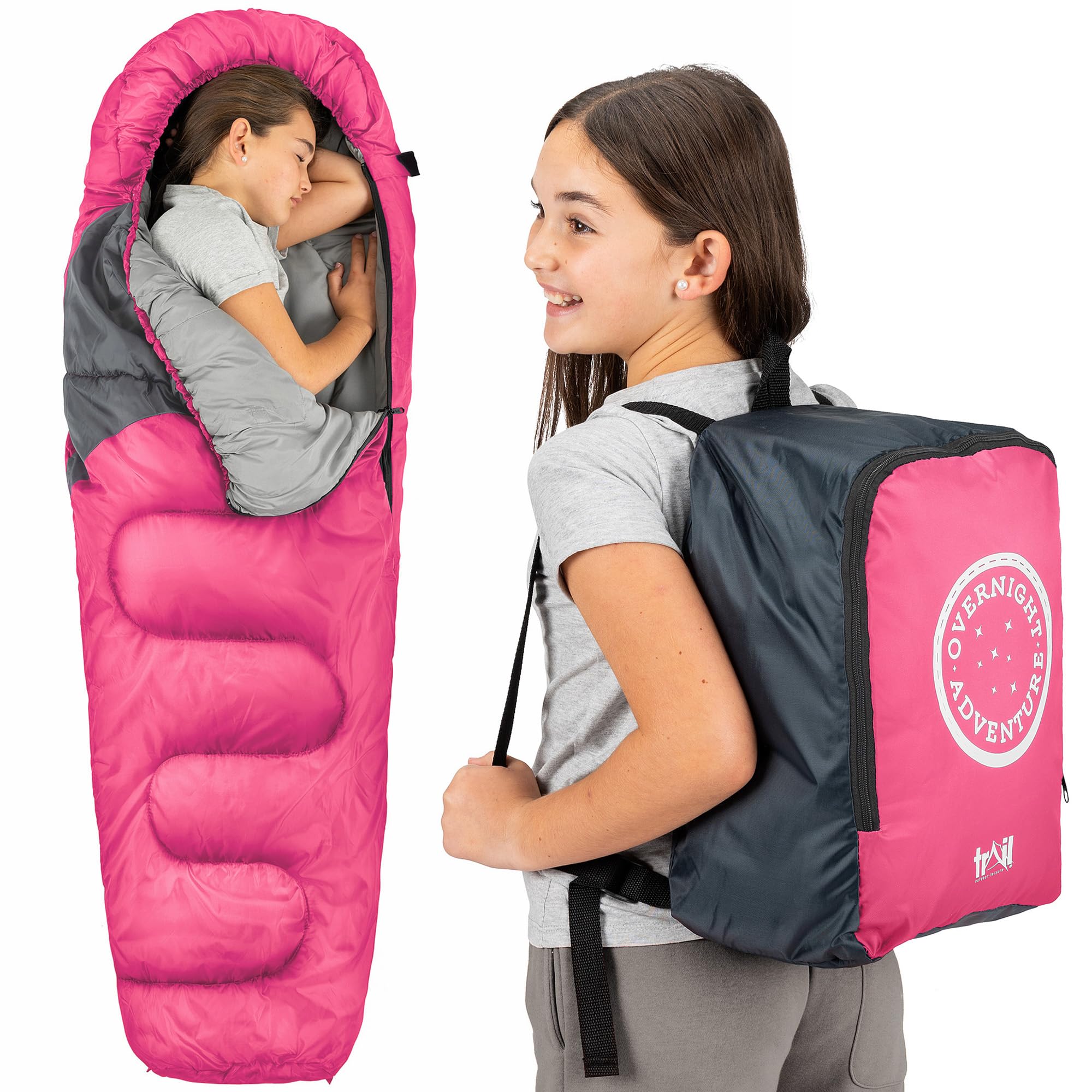 Trail Kids Sleeping Bag Mummy Shape 3 Season Camping 300gsm Boys Girls with Lightweight Rucksack Bag (Pink)