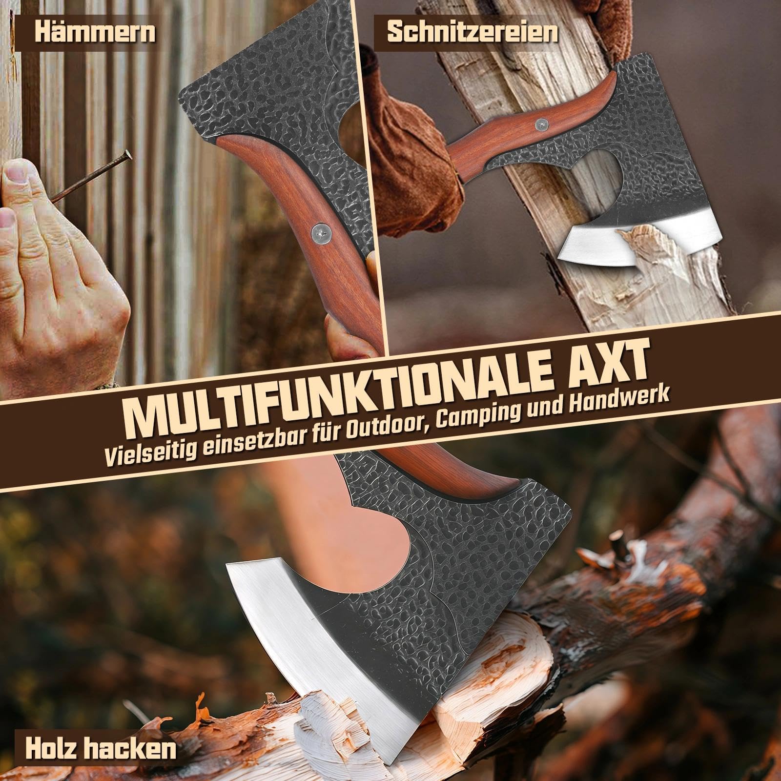 Purple Dragon Beil Axt Outdoor, Axt Holz Spalten, Spaltaxt für Holz, Handgeschmiedete Camping Axt aus Kohlenstoffstahl mit Holzgriff und Lederscheide für Survival und Wandern Geschenk für Männer