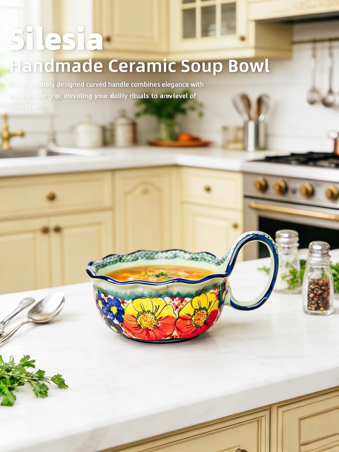 silesia Handmade Ceramic Soup Bowl, 30 oz Hand Painted Bowl with Loop Handle, Floral Design Cereal Bowl for Soup, Ice cream, Snack, Microwave & Dishwasher Safe (Glazed Green)
