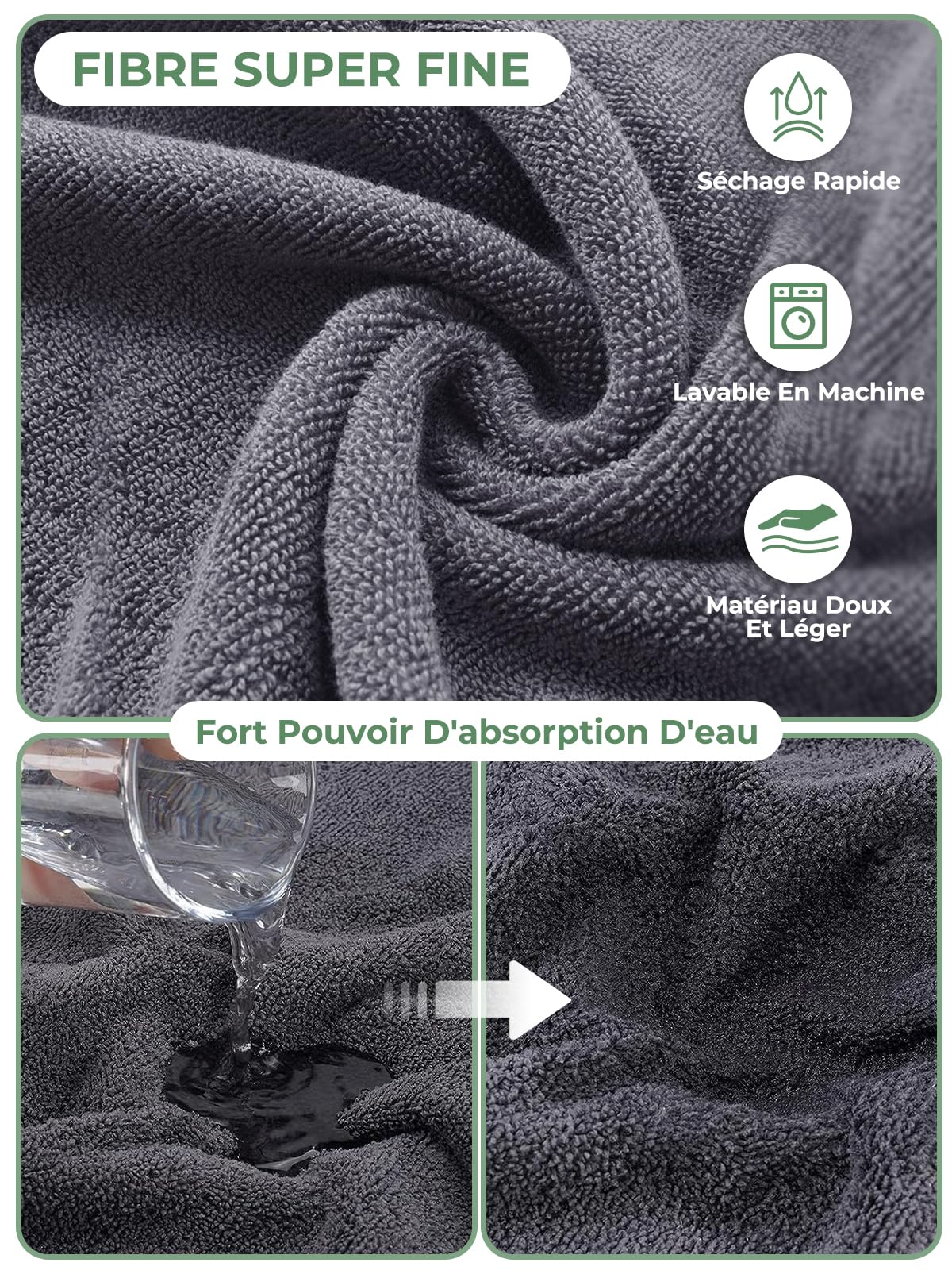 Peignoir pour Chien en Microfibre, Bibykivn Serviette pour Chien Super Absorbante, Lavable Serviette pour Animaux Peignoir de Bain, Réglable Peignoir pour Douche Natation (Gris Vert, XL)