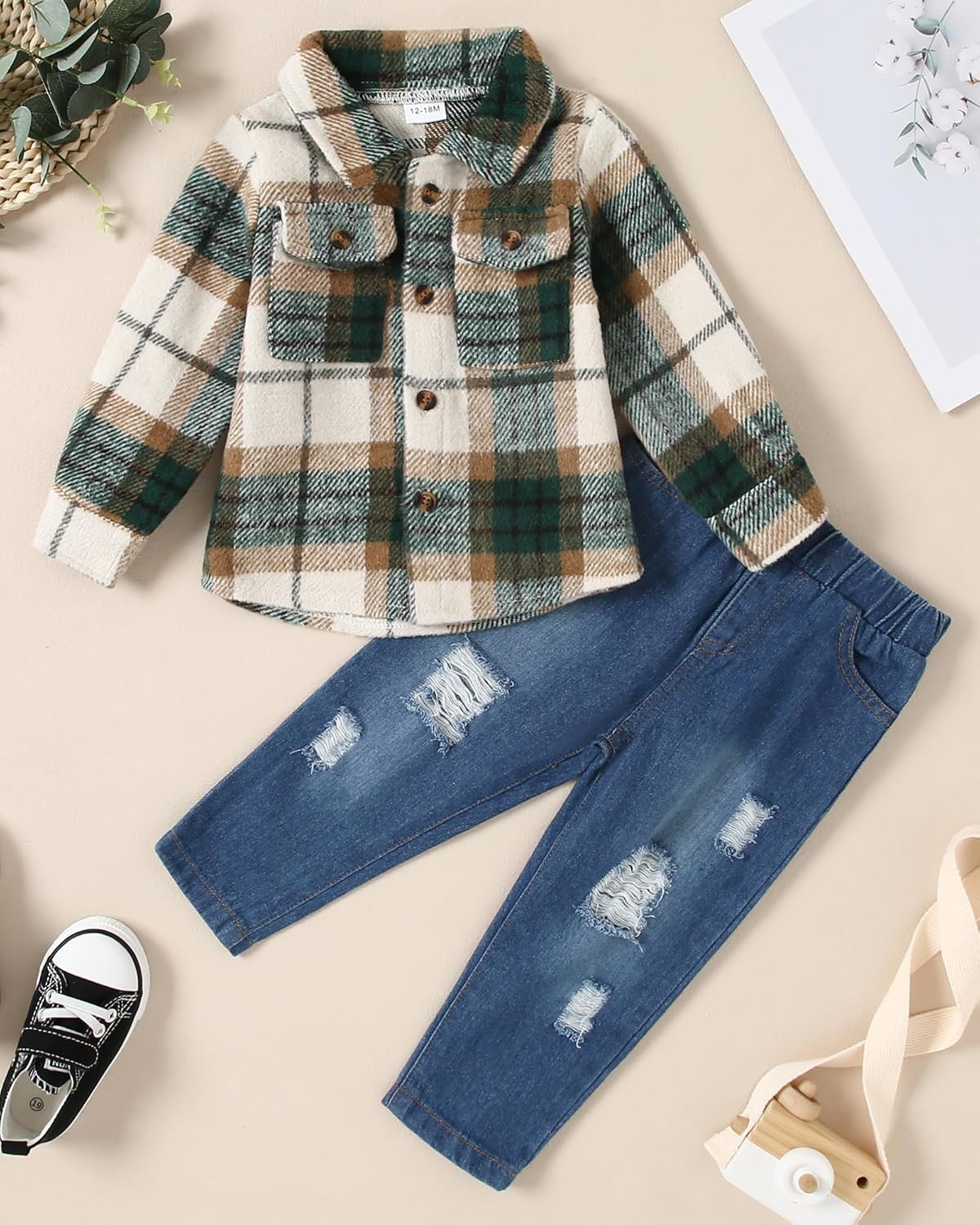 WESIDOM Toddler Boy Clothes Long Sleeve Collar Plaid Shirts Jacket Ribbed Jeans Pants Sets 1-6T Boys Fall Outfits - Image 6