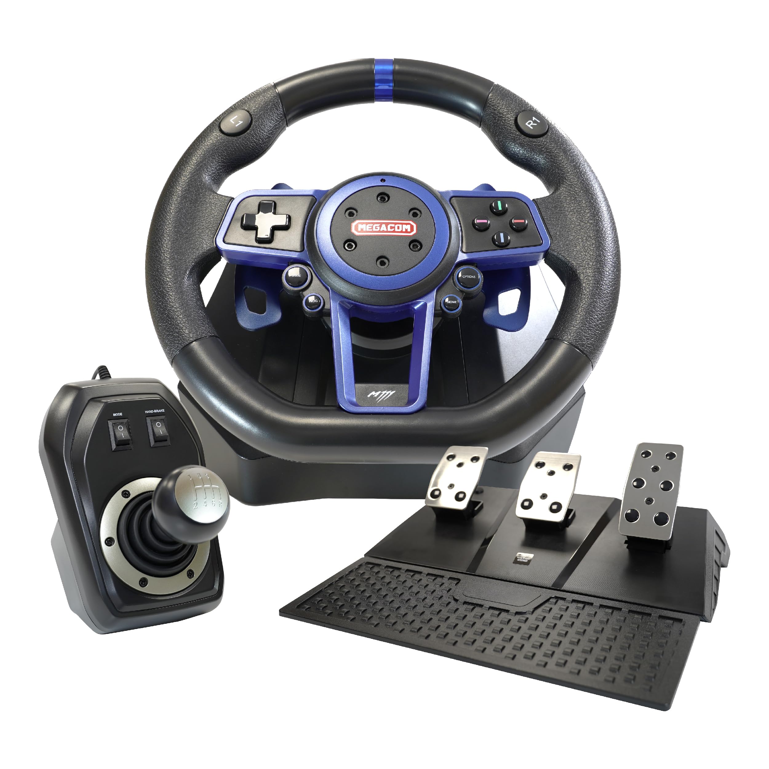 megacom MEGAMAX WHEEL M111 Racing Steering Wheel 270/900 Degrees, 10", Paddle Shifter, 3 Pedals, 6-Speed Shifter, Multi-Platform compatible for PC, P4, P5,and Switch console(not included Xbox)