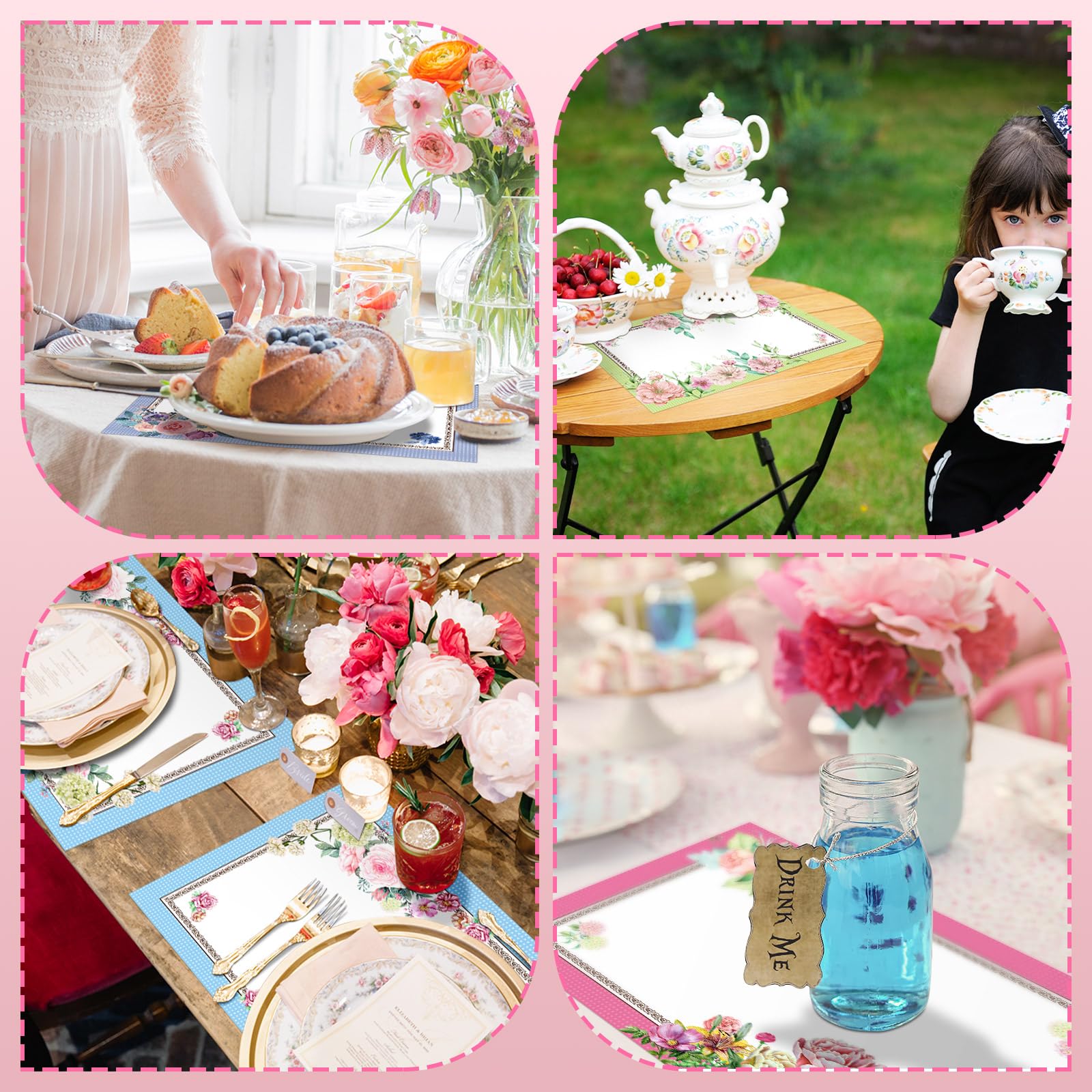 Sieral 100 manteles individuales de papel desechables para fiesta de té, 16 x 11 pulgadas, decoraciones florales para fiestas, decoración de fiesta de té para mujeres, manteles de papel para jardín,