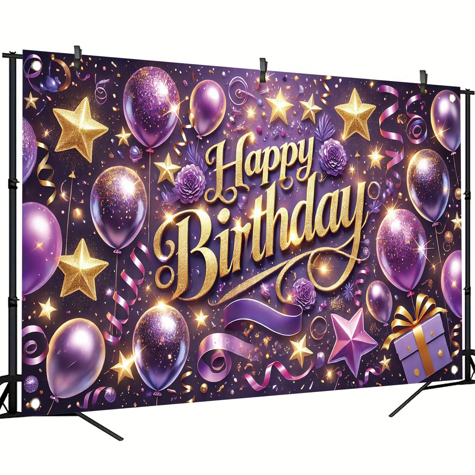 Starlit Patio Purple Happy Birthday Backdrop Banner Balloon Shining Diamond Photography Background Birthday Decoration Banner for Women Lady Bday Party Decorations Photo Booth Supplies 71x43 Inch