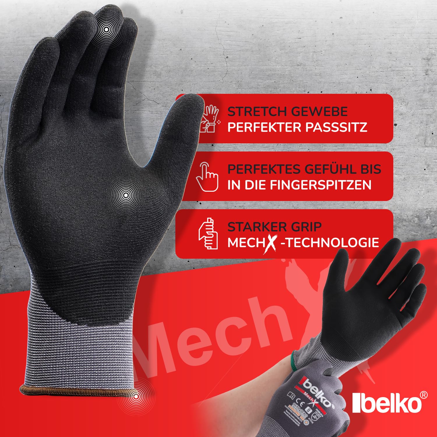 BELKO 12 Paar MechX Arbeitshandschuhe Schutzhandschuhe Montagehandschuhe Griphandschuhe Gartenhandschuhe Feinarbeiten EN388 - Größe: 10 (XL)
